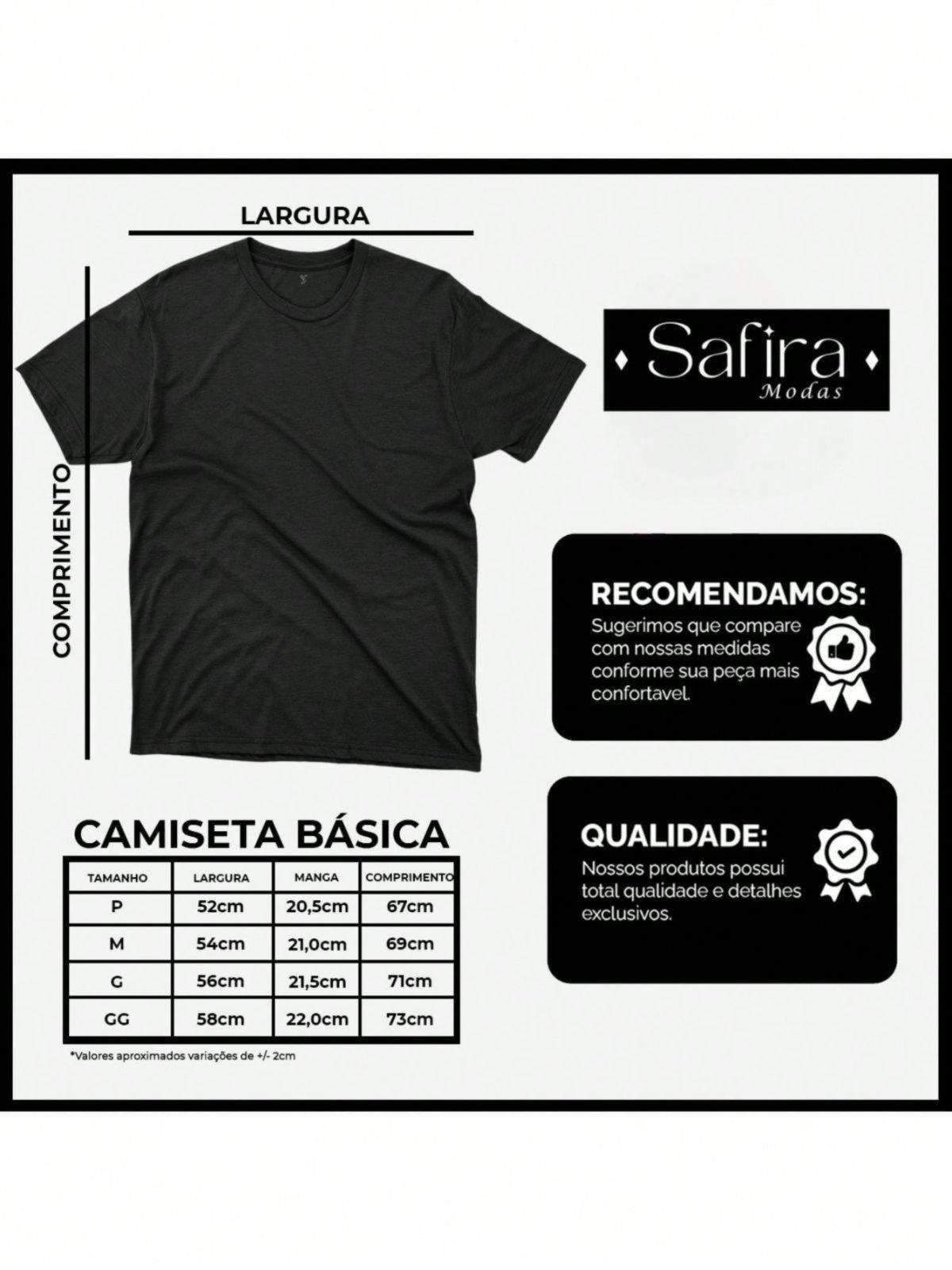 Vista 3 Camiseta Básica Safira Moda Algodão Preta preto Safira Moda preto