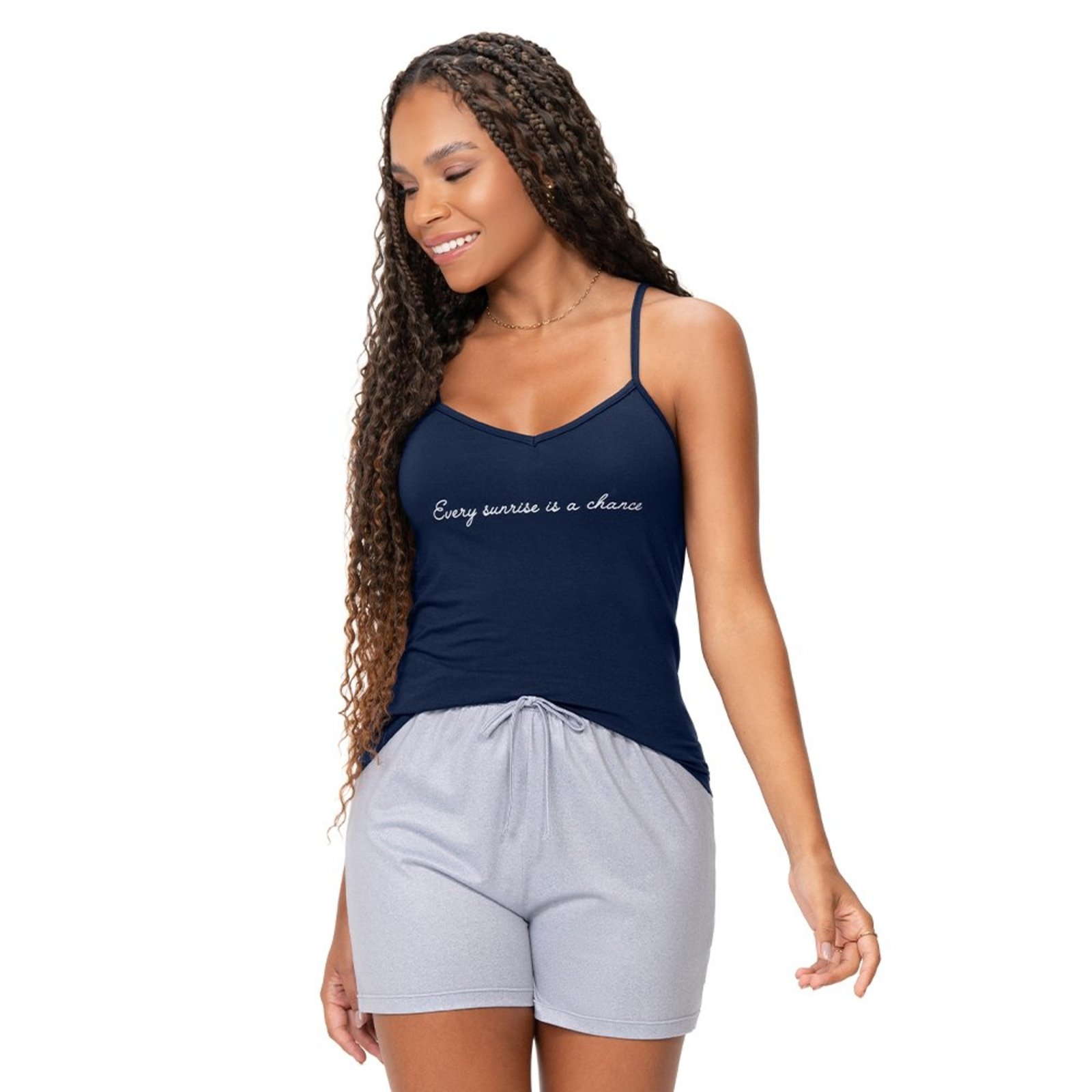 Pijama Feminino Blusa e Shorts Azul Alça Fina Viscose