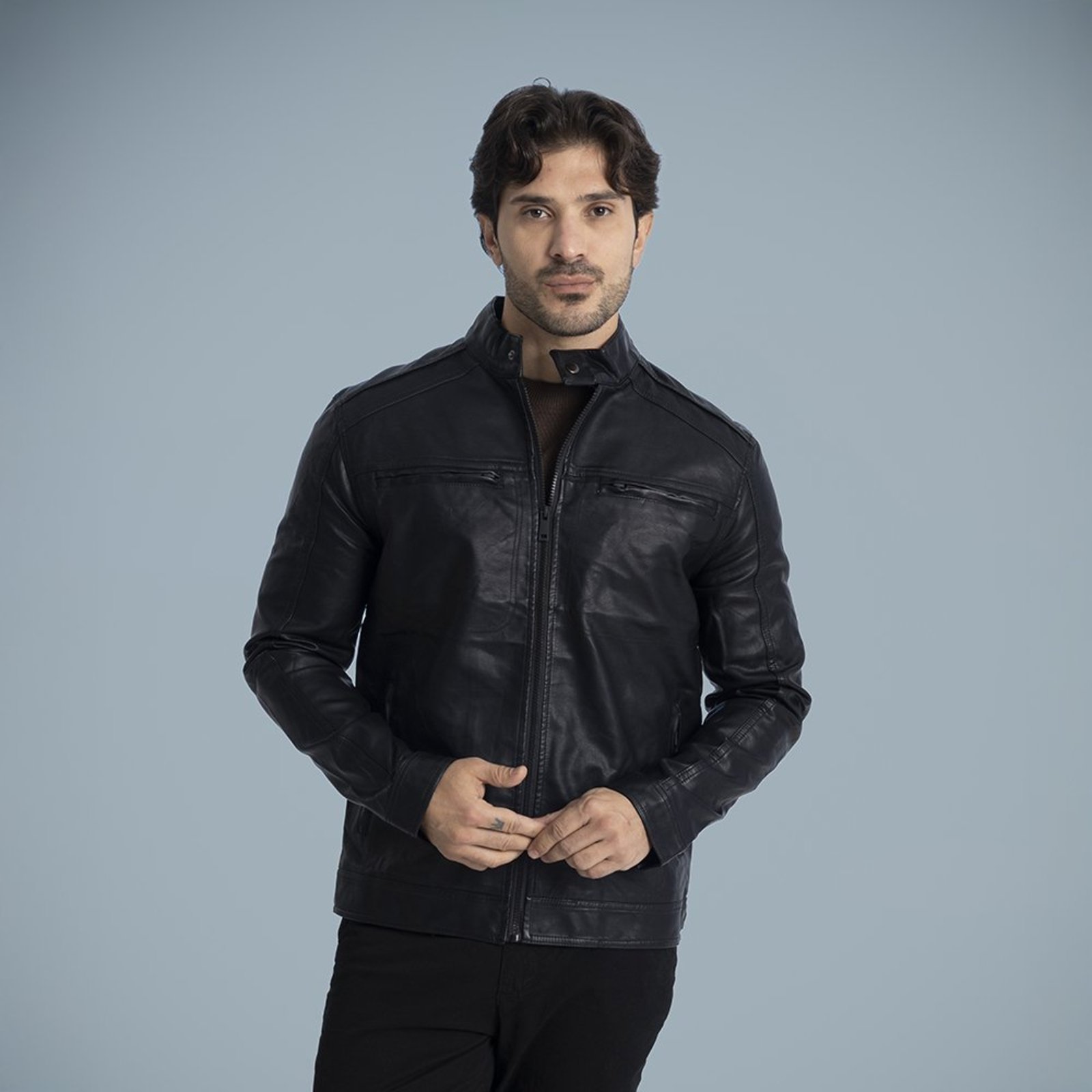 Jaqueta PU Masculina Sintético Sem Capuz Preto