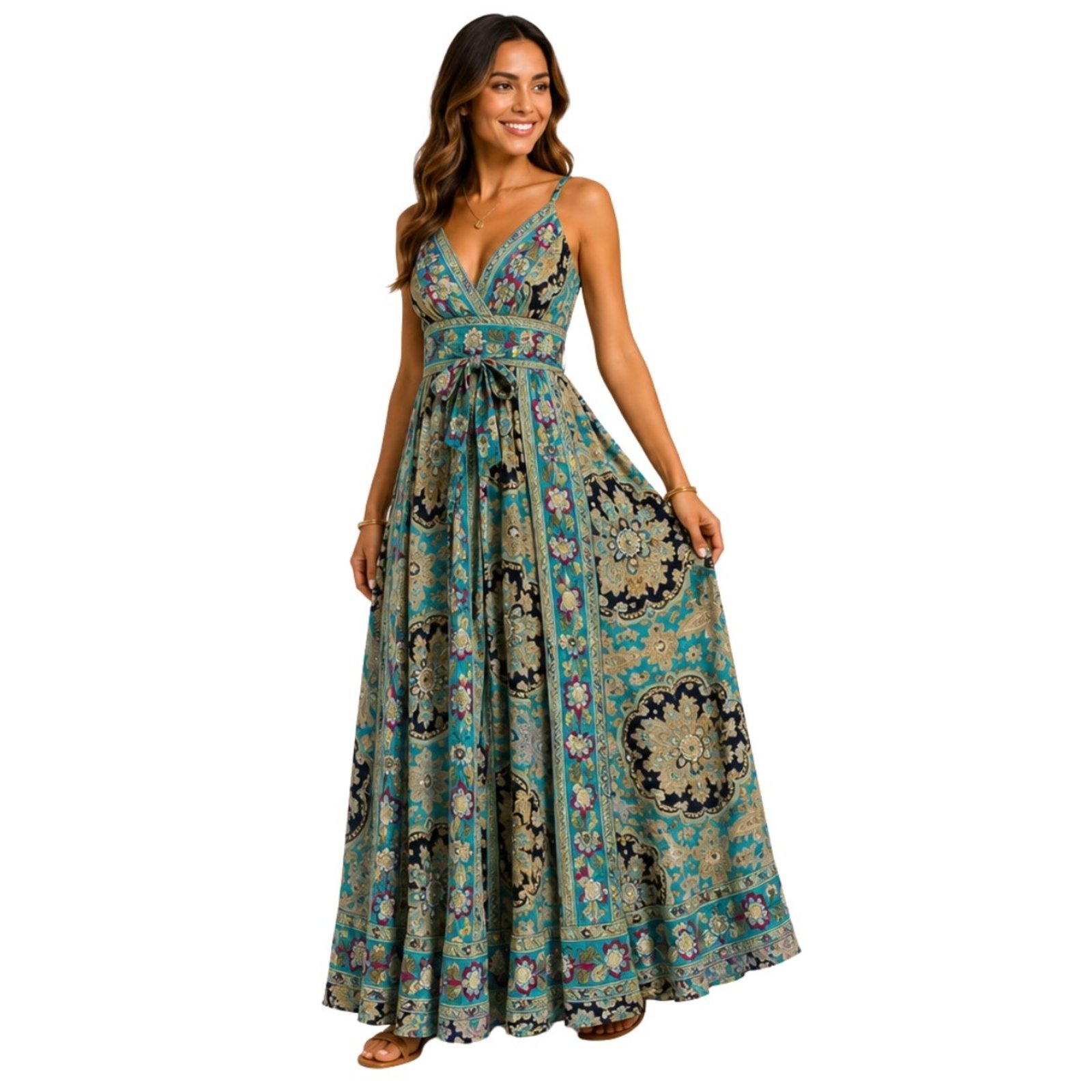 Vestido Longo Indiano Feminino Estampado Alças Reguláveis Boho Preto