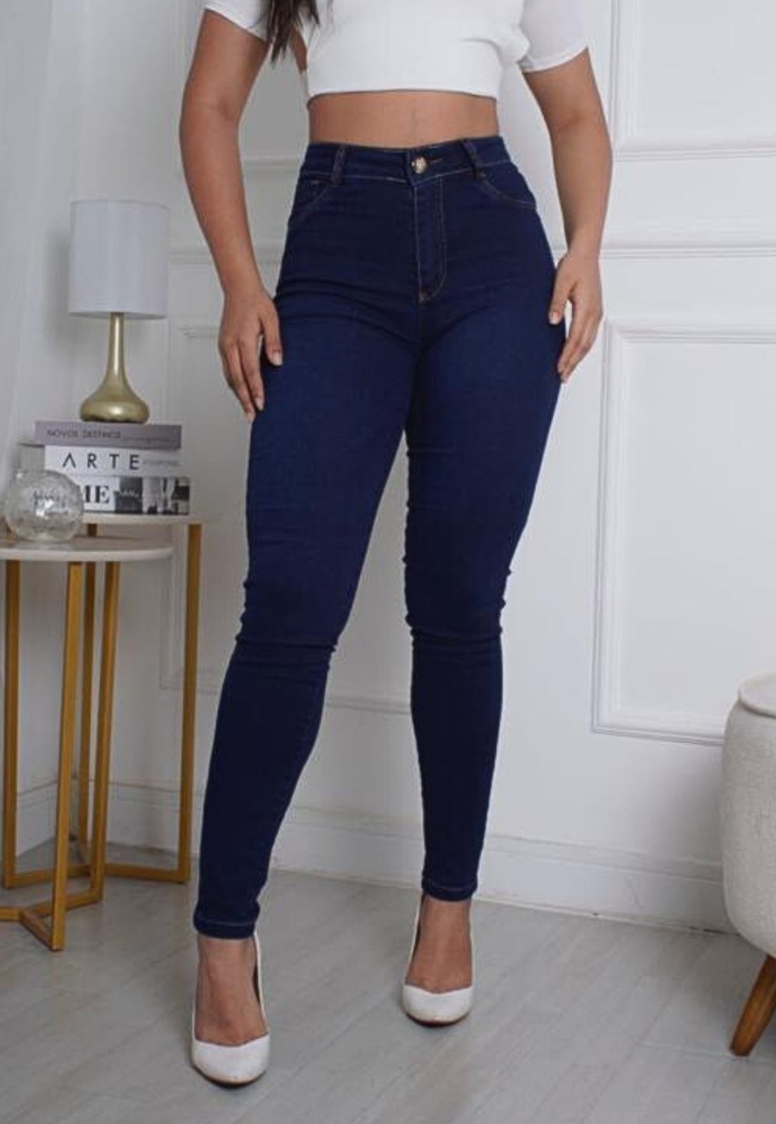 Calça Jeans Skinny Feminina Cintura Alta com Elastano Lavagem Escura Premium