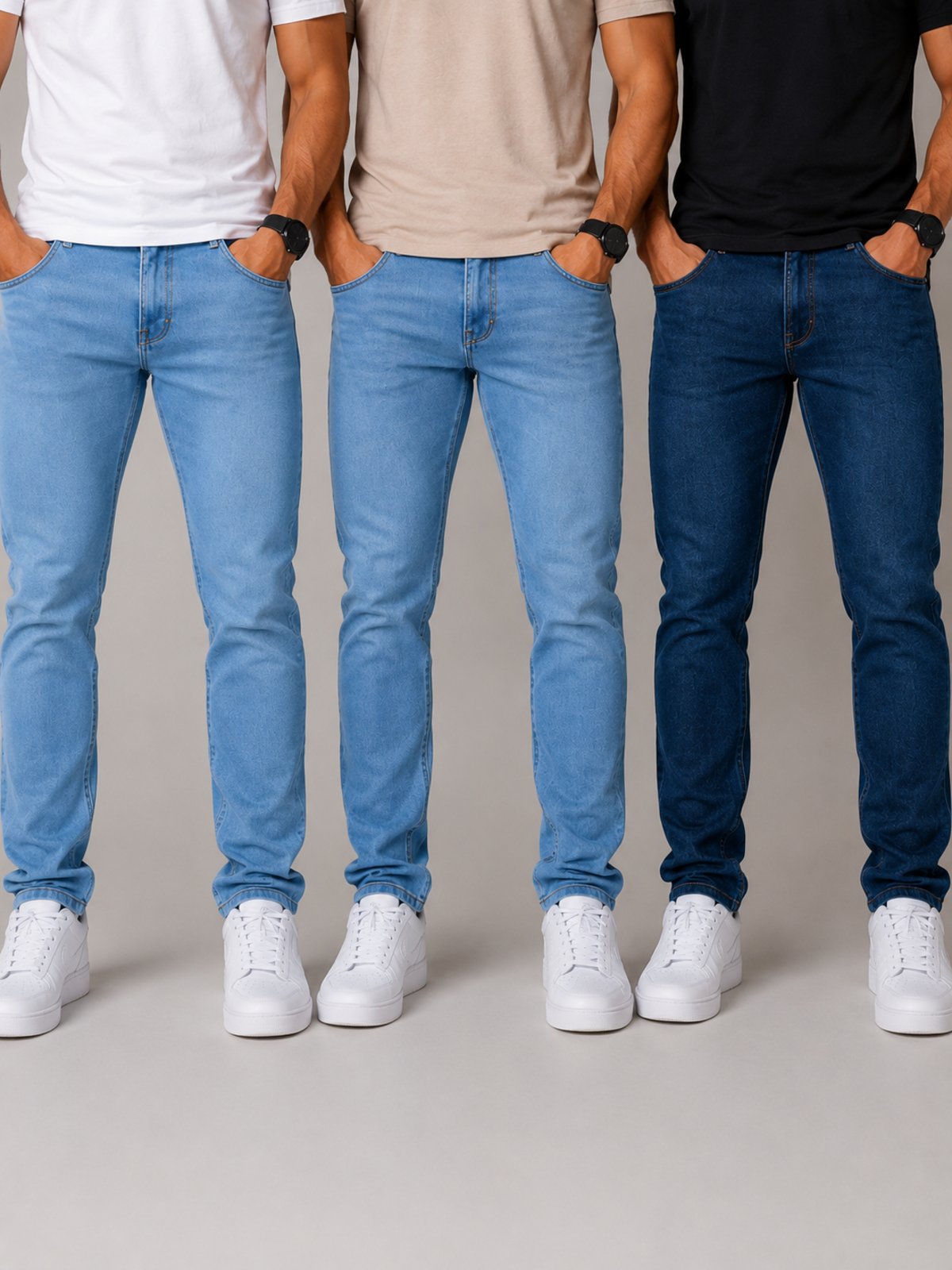 Kit 3 Calças Jeans Slim Masculinas Tex Jeans Premium com Elastano Delavê+ Azul Escura