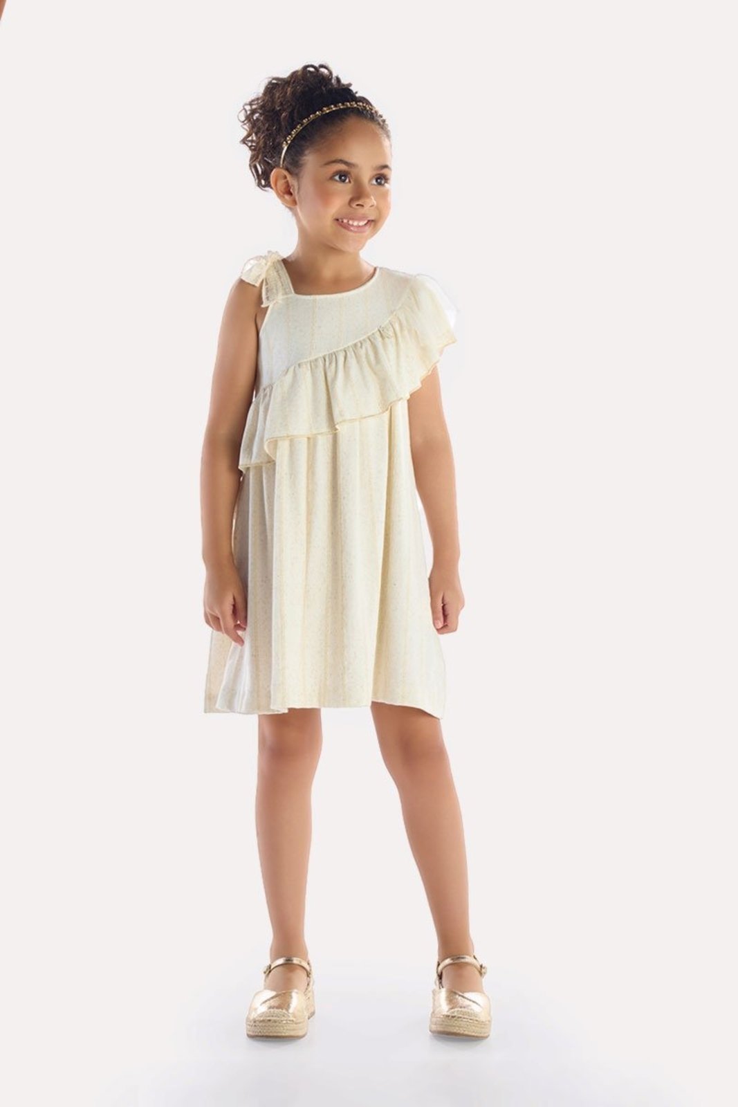Infantil - Vestido Off em Malha Linho com Renda
