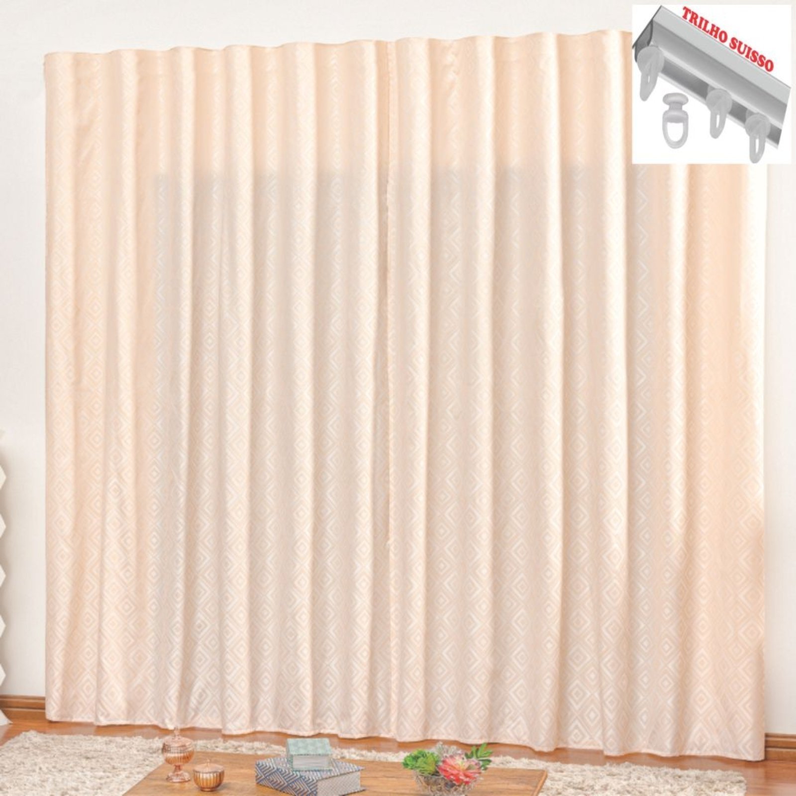 Cortina em Jacquard Degradê 2,00 x 1,70 Para Trilho Suisso - Palha - 100% Poliéster