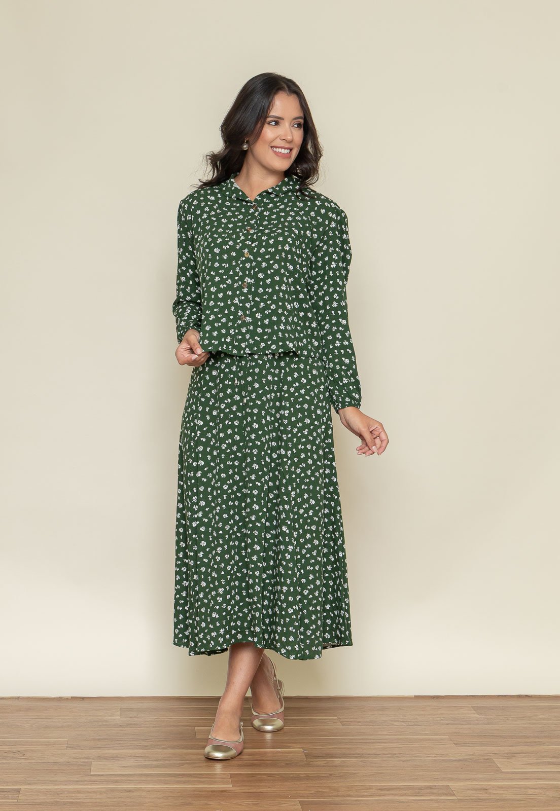 Vista 3 Camisa Aura Dani Manga Longa Viscolinho Floral verde verde