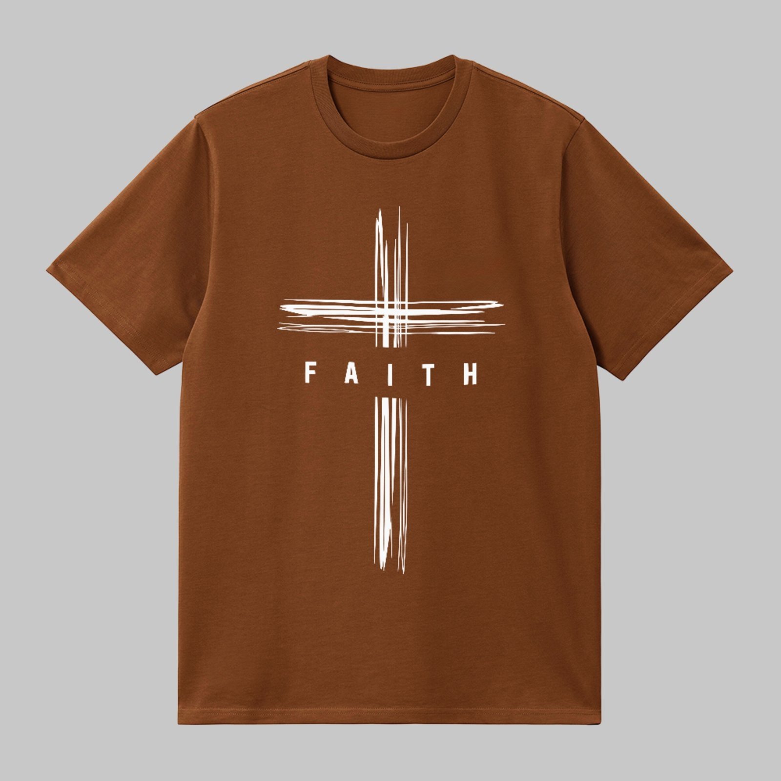 Camiseta Básica Faith Cruz Minimalista Estilo Gospel Moderno Marrom