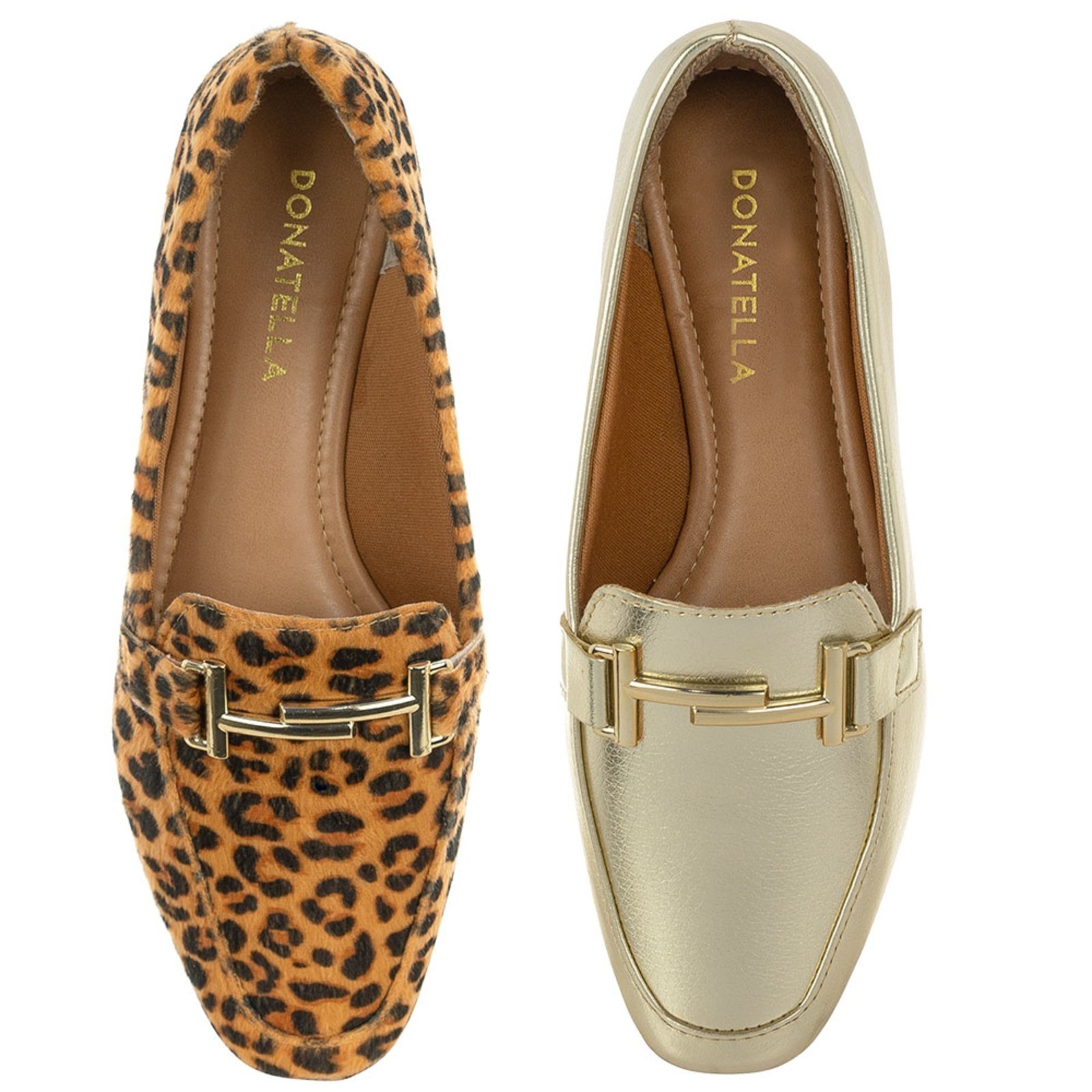 Kit 2 Pares Sapato Feminino Mocassim CM Calçados Bico Quadrado Confort Onça e Ouro Light