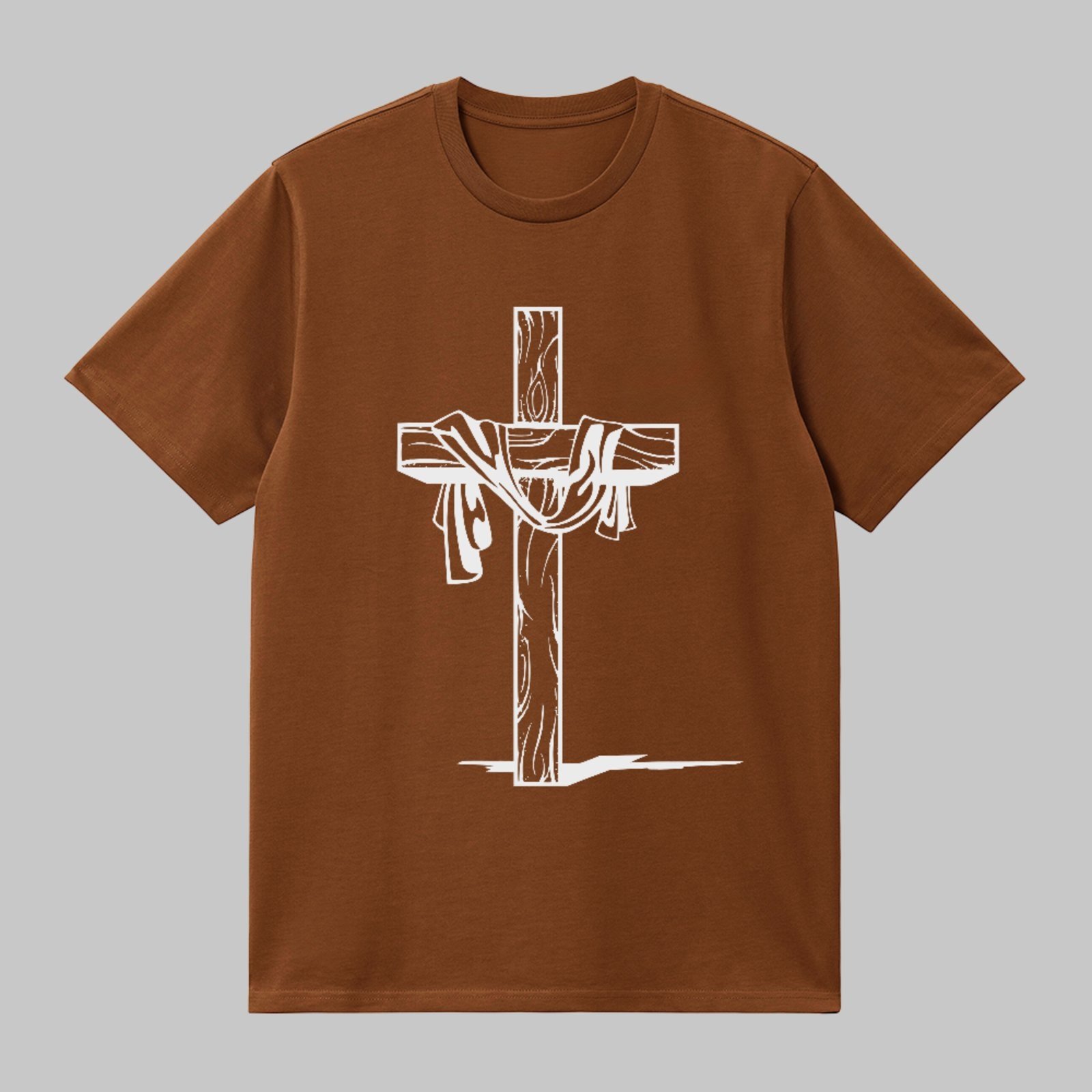 Camiseta Básica Cruz Com Manto Estilo Fé Cristã Minimalista Marrom