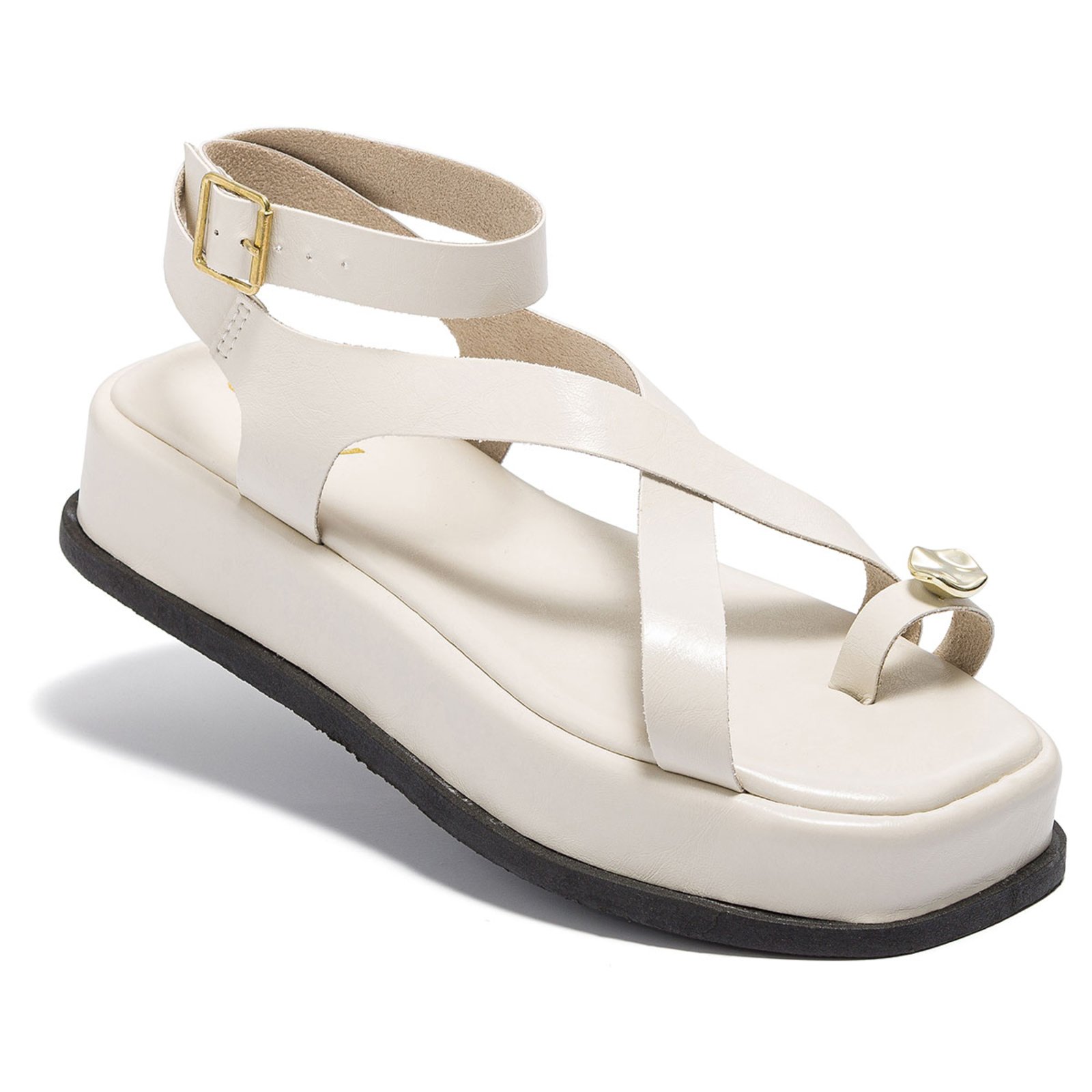 Sandália Feminina Plataforma Flat ABS Dourado Fivela Rasteira Confortável Original Olzzy Off-White