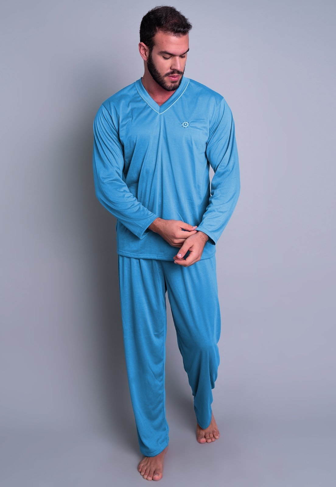 Pijama Longo MVB Modas Blusa Manga Comprida E Calça Adulto Azul Claro