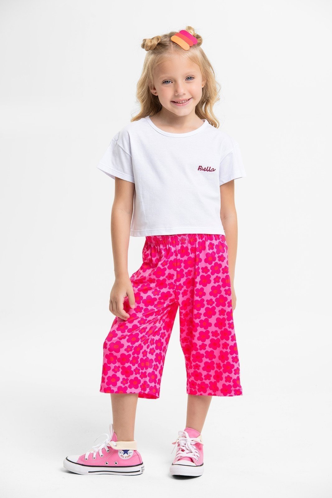 Infantil – Conjunto Verão Feminino Pantalona Faella Flores – Branco