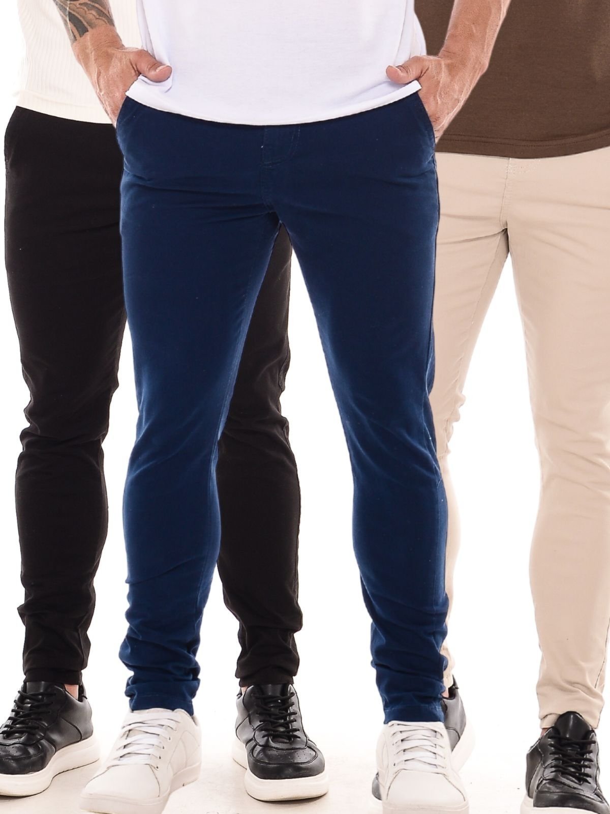 Kit 3 Calças Sarja Masculina Ethereal Jeans Confortável e Estilosa Bege Preto e Azul