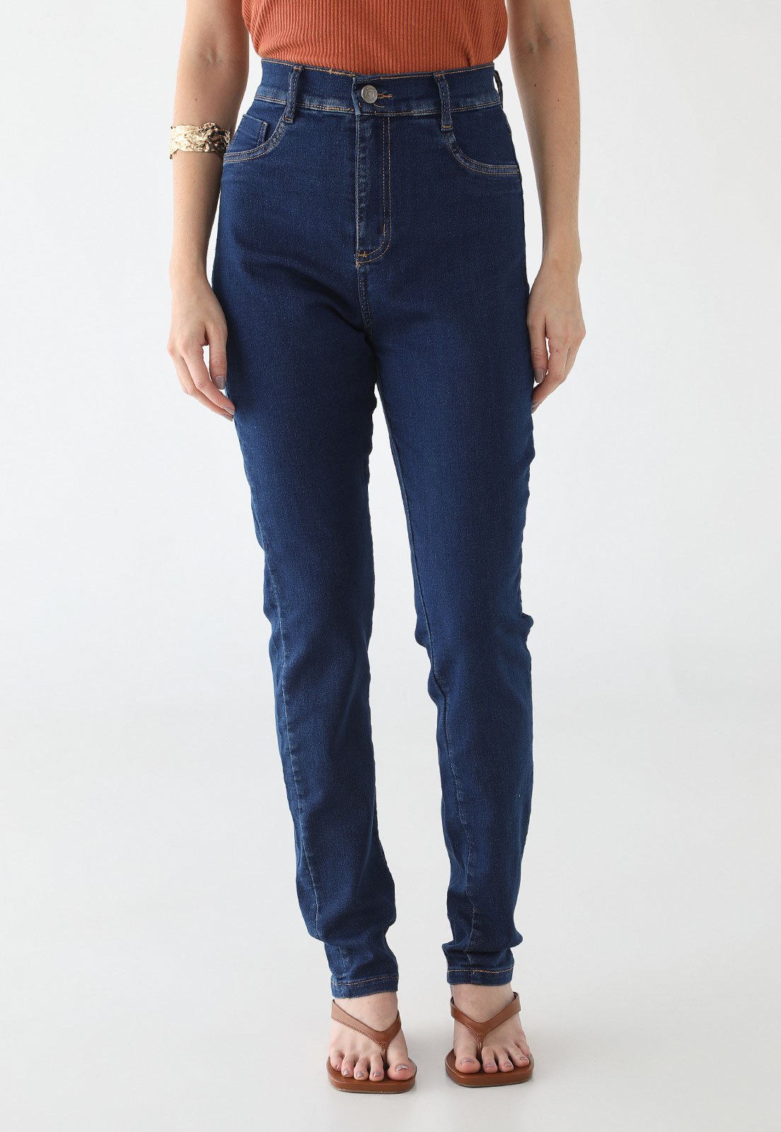 Vista 2 Calça Jeans Feminina Sawary Cintura Alta Escura azul Sawary azul