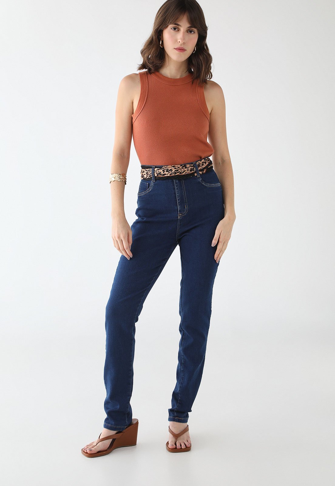 Vista 3 Calça Jeans Feminina Sawary Cintura Alta Escura azul Sawary azul