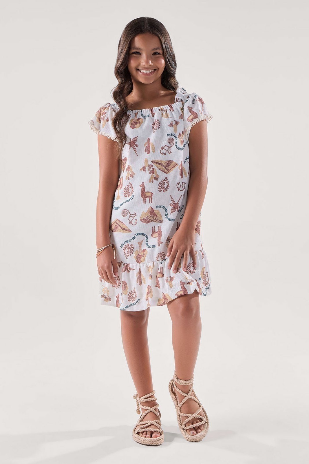 Infantil - Vestido Estampado com Renda Pompom Terracota