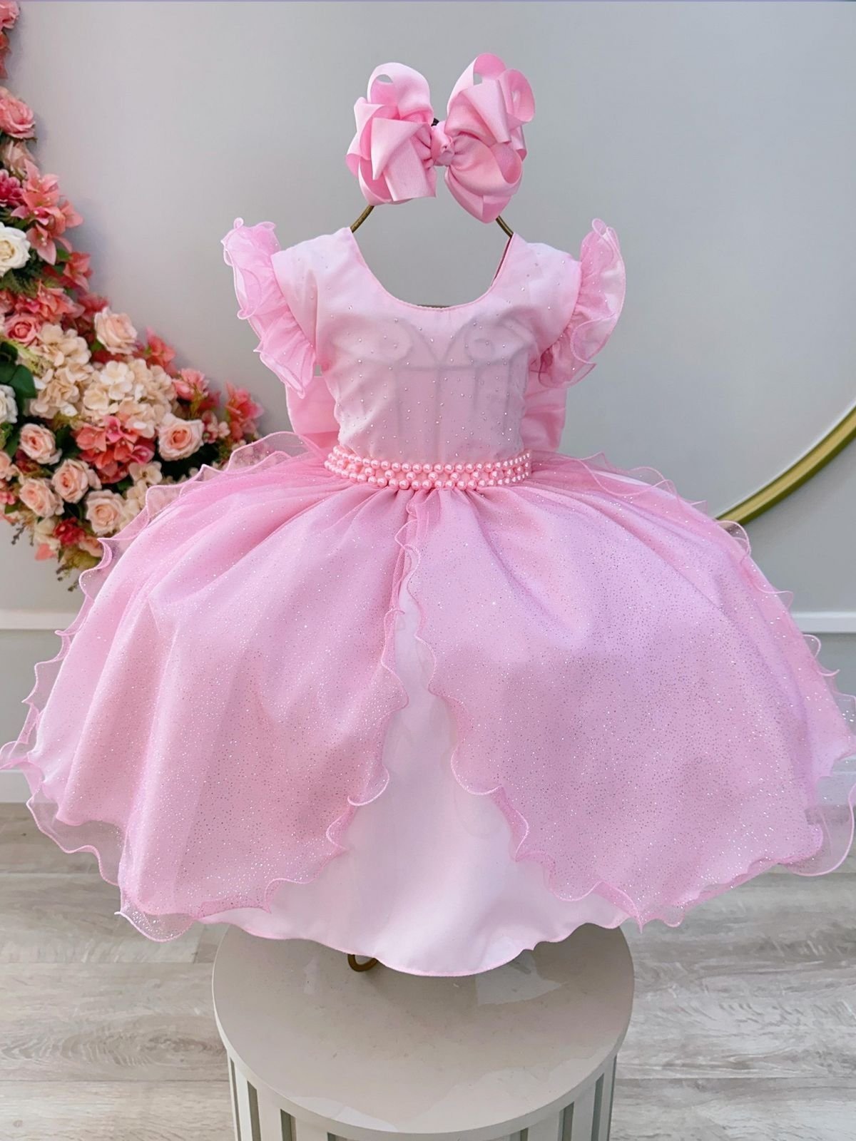 Infantil - Vestido Festa Rosa Claro Claro Brilho Pérolas Formatura Casamento Dama Daminha Florista Princesa Social Rodado Aniversário Luxo Menina Juvenil