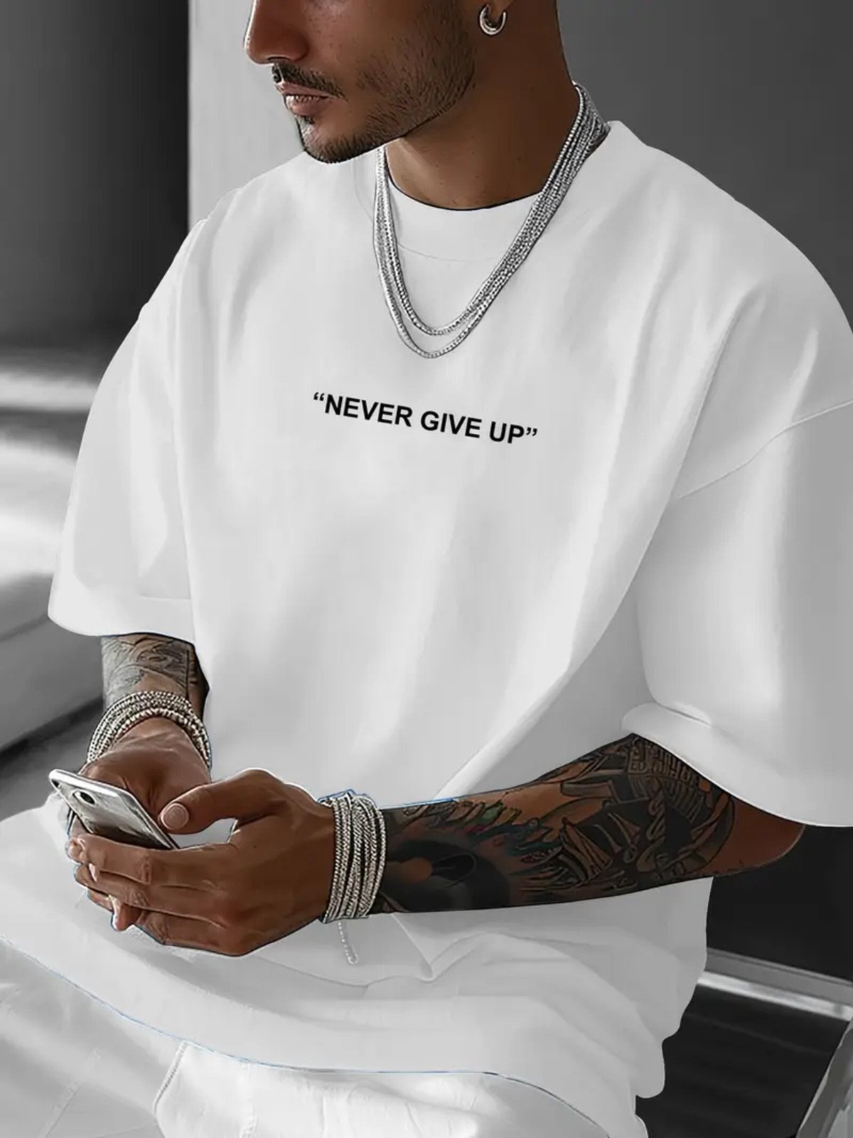 Camiseta Estampada Never Give Up Safira Moda Algodão Branca