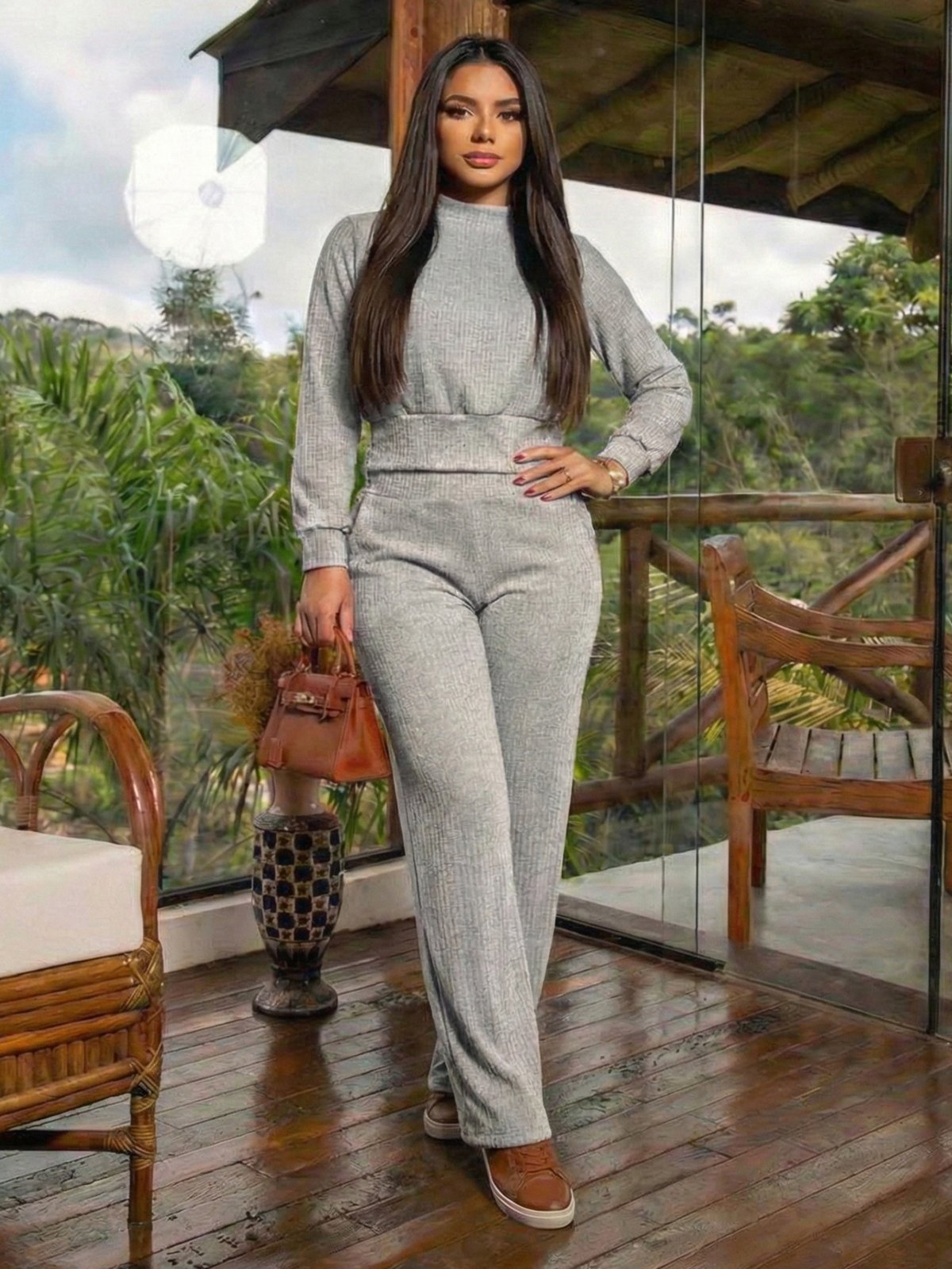 Vista 2 Conjunto Feminino Blusa Manga Longa de Frio Calça Reta Cintura Alta Moletinho Canelado FS CONCEPT cinza FS CONCEPT cinza