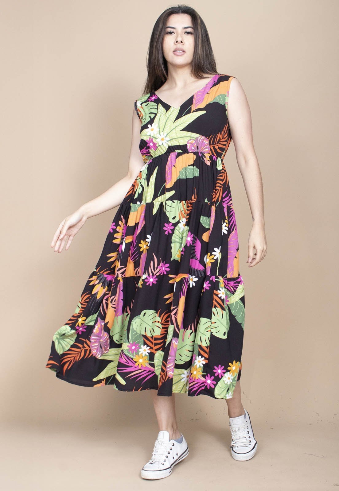 Vista 2 Vestido Cabanafree Regata Longo Peri Viscose Camadas Estampa Noite Botânica Cabanafree estampado/laranja/rosa/verde