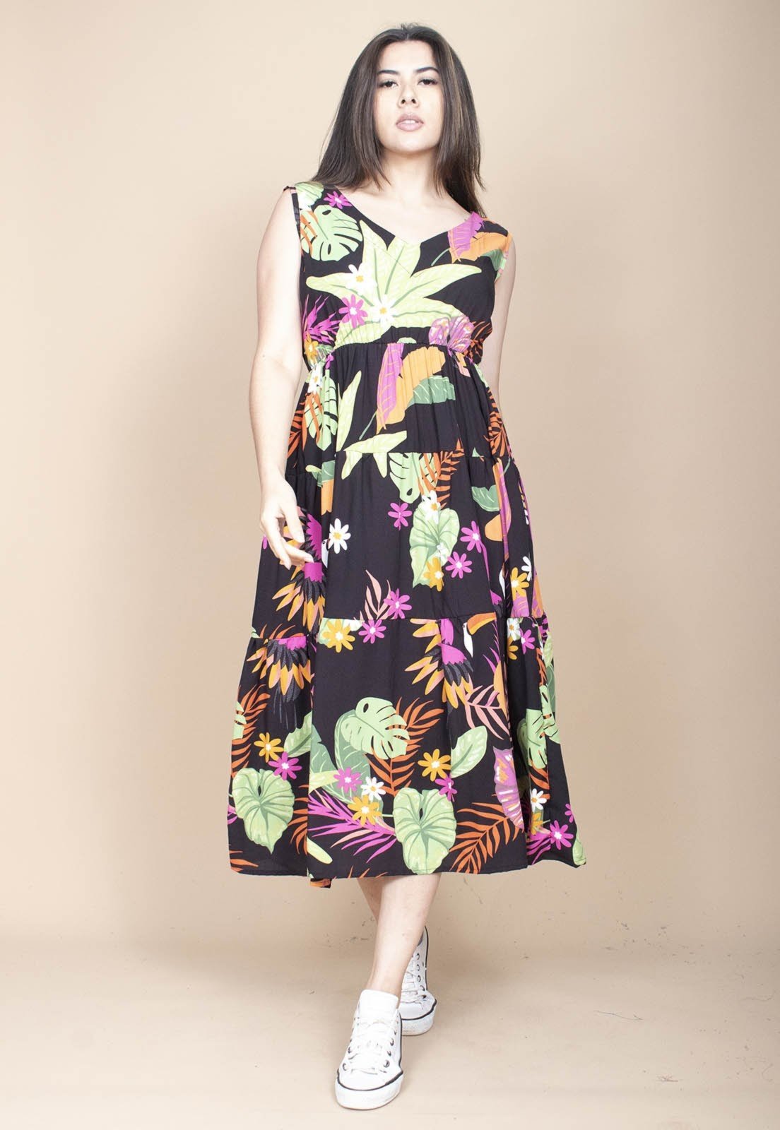 Vista 3 Vestido Cabanafree Regata Longo Peri Viscose Camadas Estampa Noite Botânica Cabanafree estampado/laranja/rosa/verde