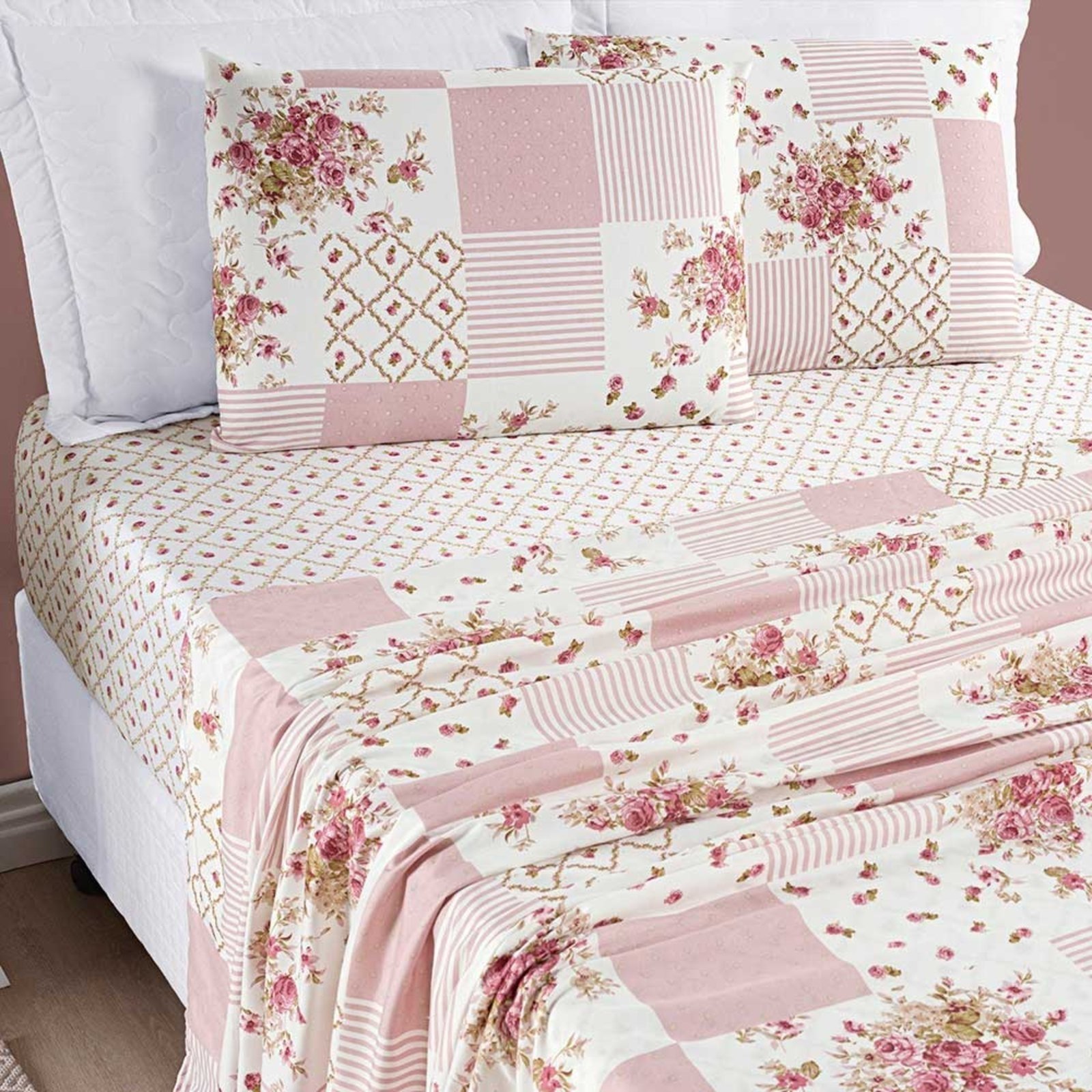 Jogo de Cama Lençol Casa Scarpa Dallas Casal Padrão Microfibra 4 Peças - Rosa Matura Patchwork