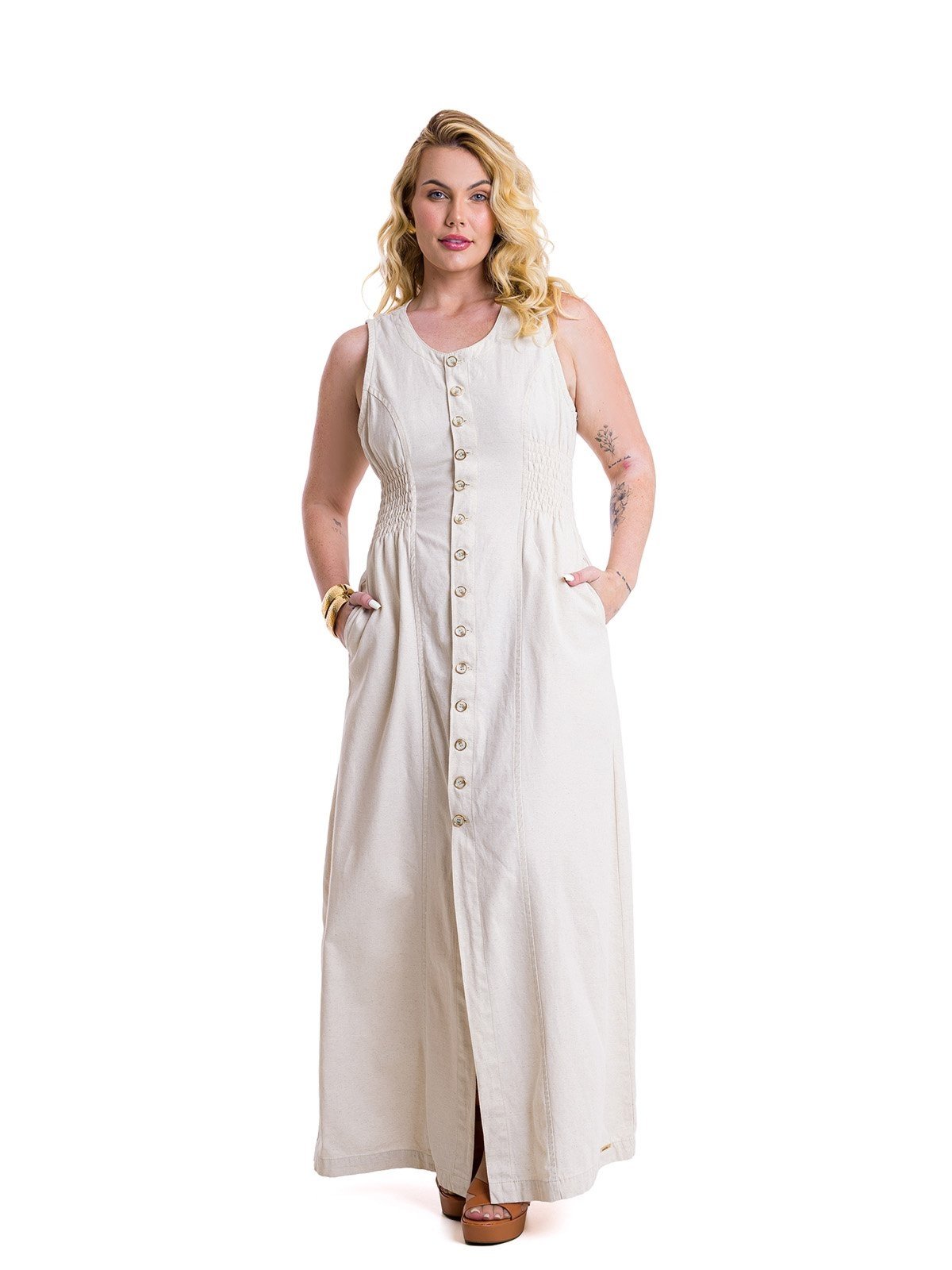 Vestido Longo de Linho Premium com Lastex e Botões - Bege
