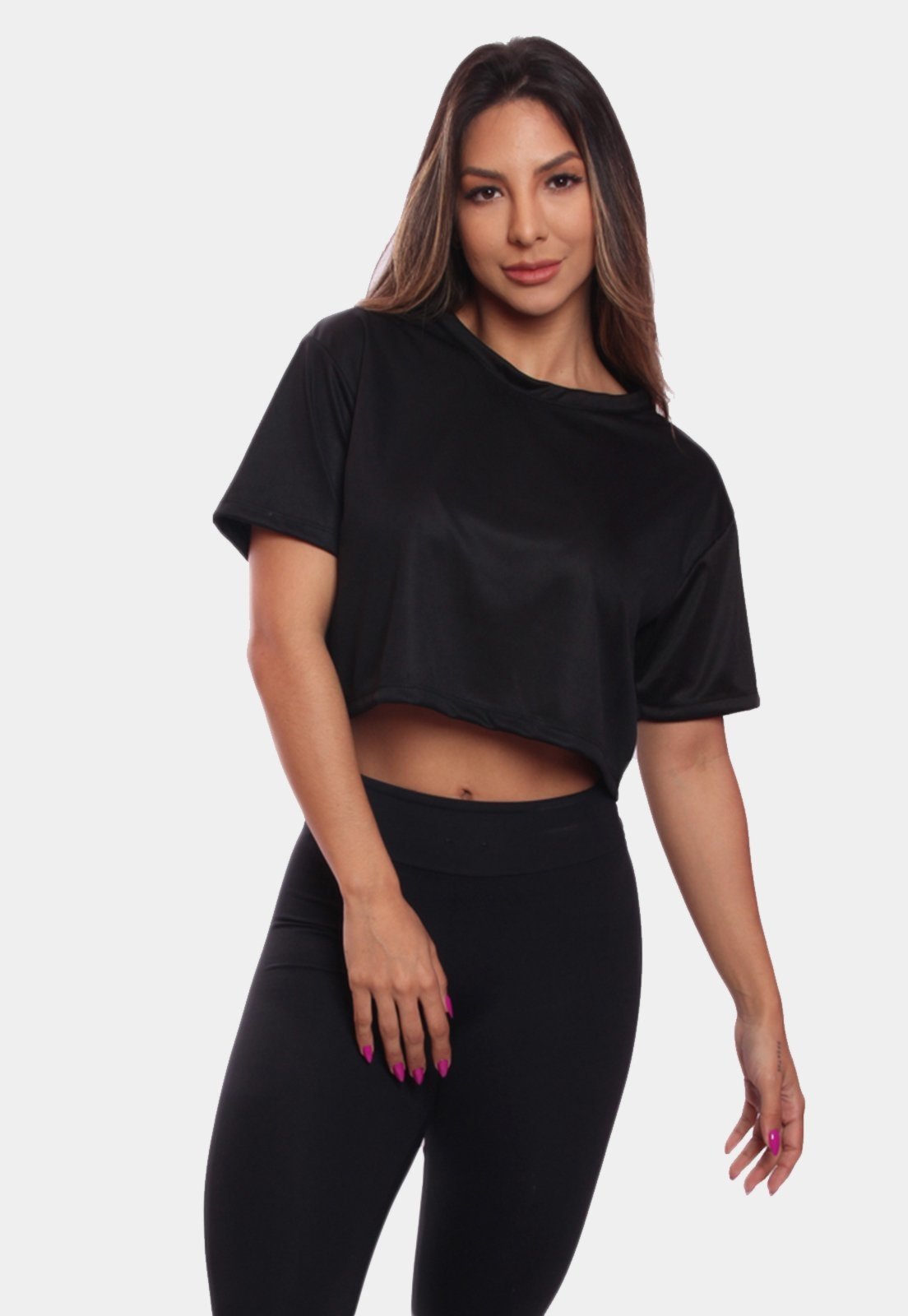 Cropped Manga Curta Feminino Dry Proteção UV Blusa Blusinha Academia Treino Preto