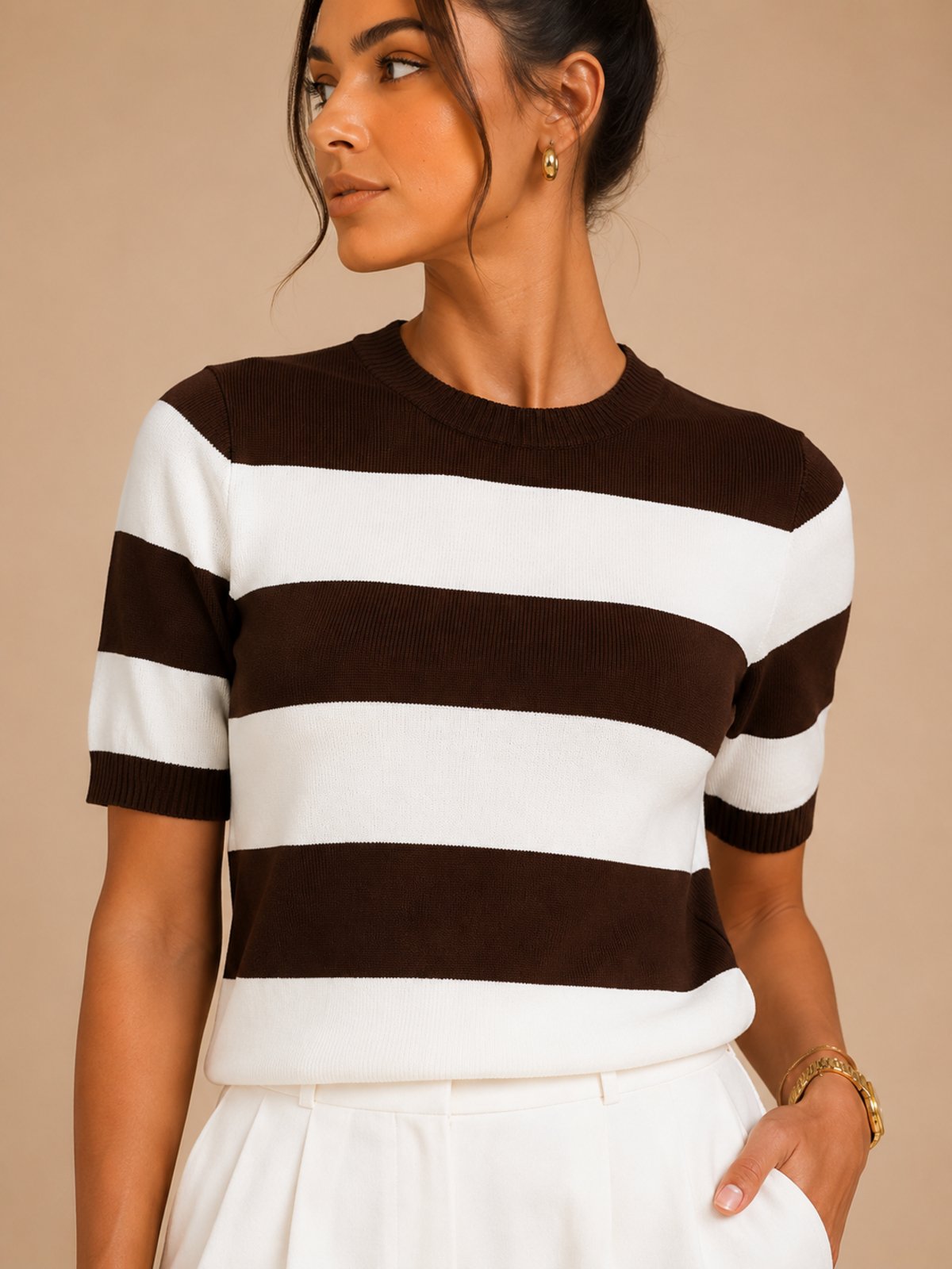 Blusa Feminina Modal Listrada Manga Curta Toque Macio Confortável Marrom