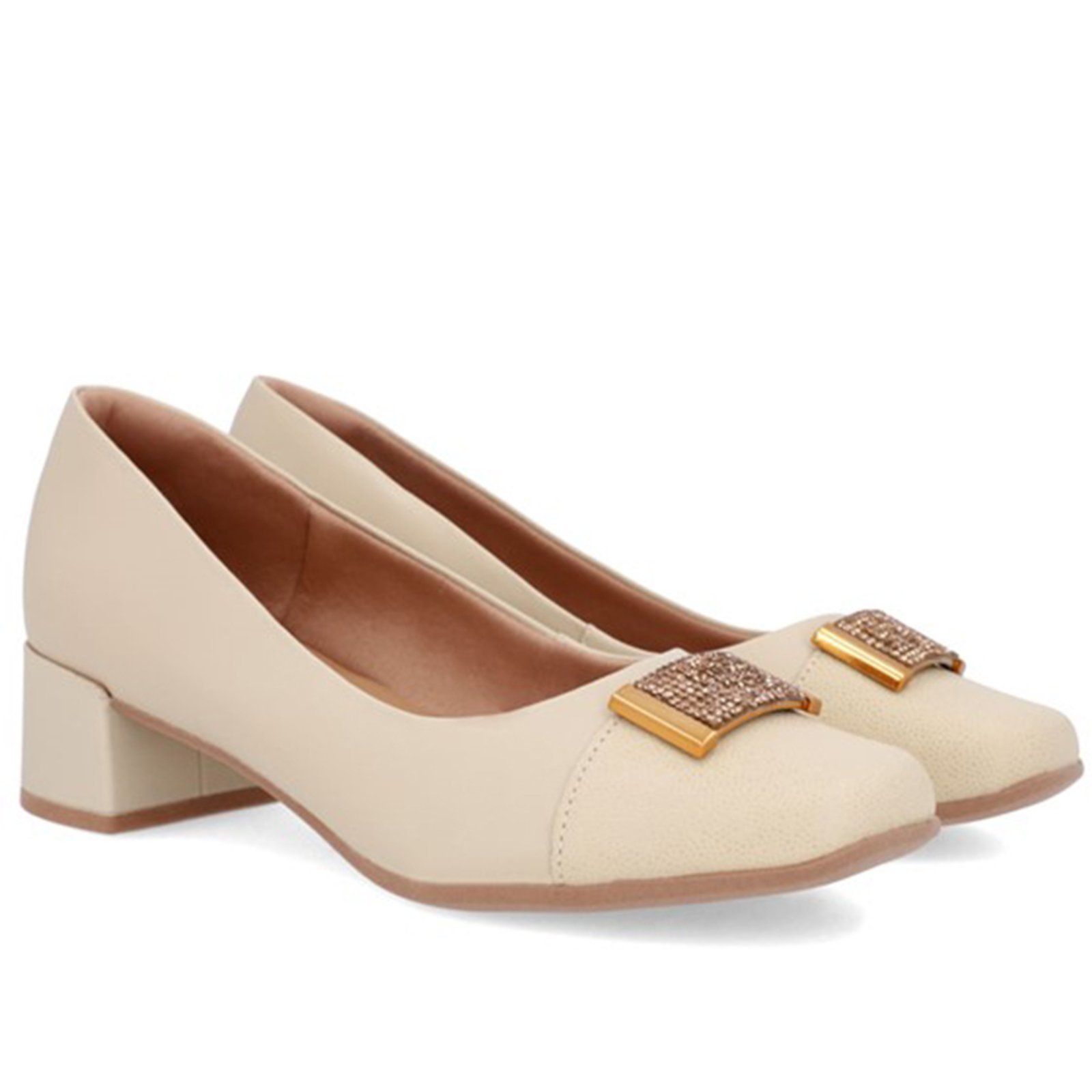 Scarpin Usaflex Couro Bico Quadrado Enfeite Vanilla