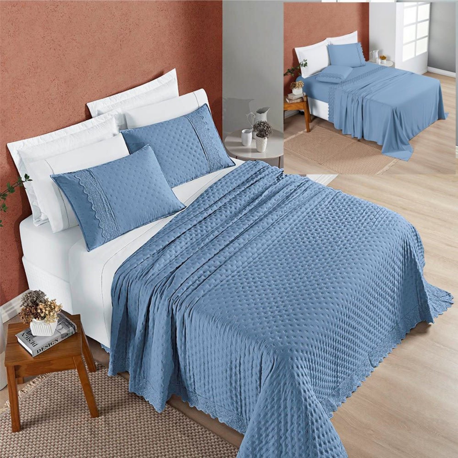 Coordenado Cobre Leito e Lençol Divino Padrão 7 Pç - Azul - 100% Poliéster