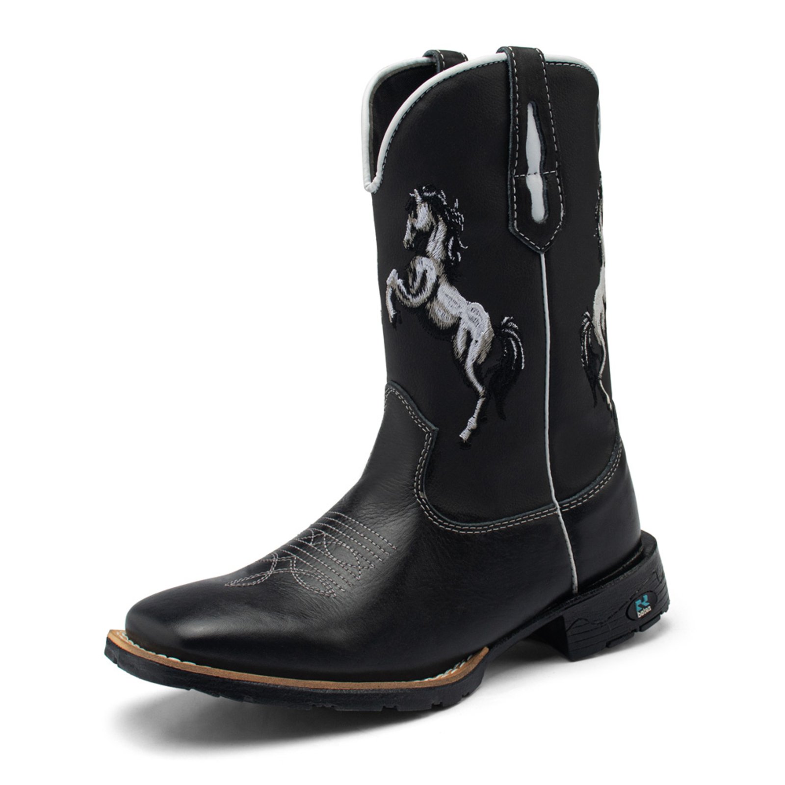 Bota Texana Masculina RR Botas Country Couro Cano Alto Com Bordado Cavalo Bico Quadrado Preto