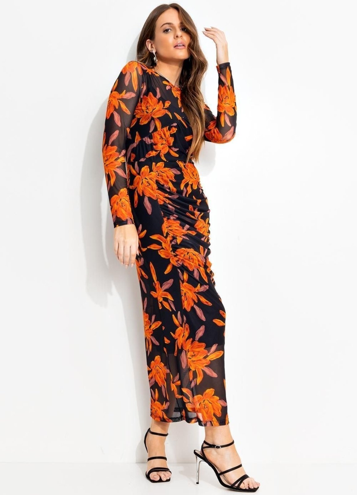 Vestido Feminino Floral Em Tule Quintess Laranja