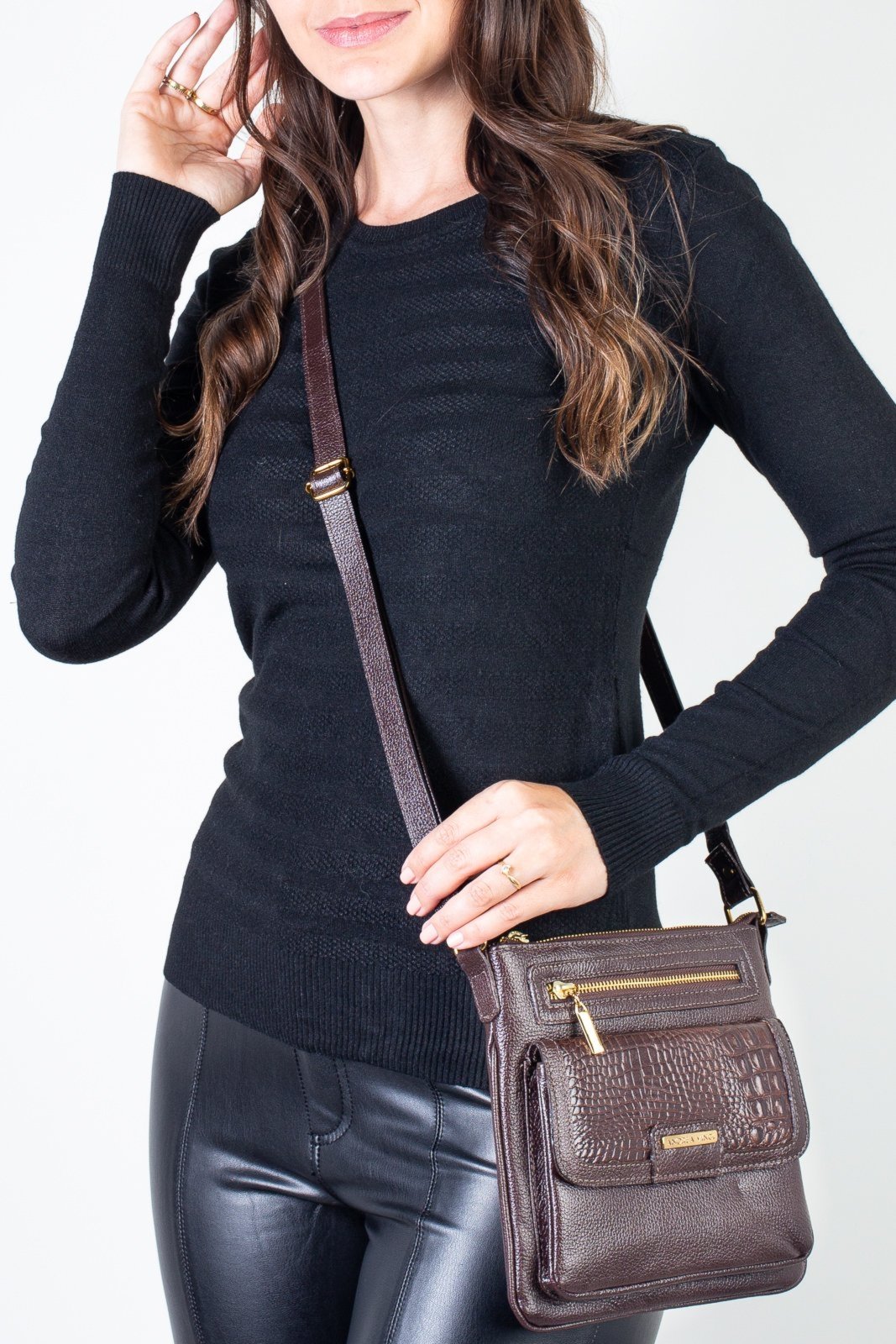 Vista 3 Bolsa pequena transversal em couro liso Emma - Café Andrea Vinci vermelho Andrea Vinci vermelho