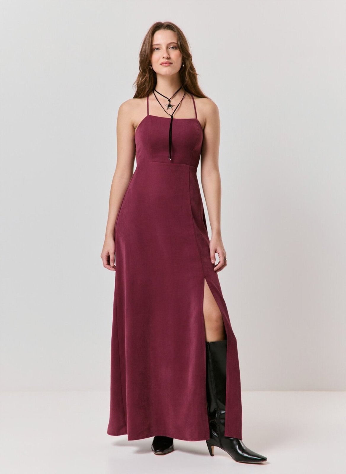 Vestido Longo Com Fenda Cupro