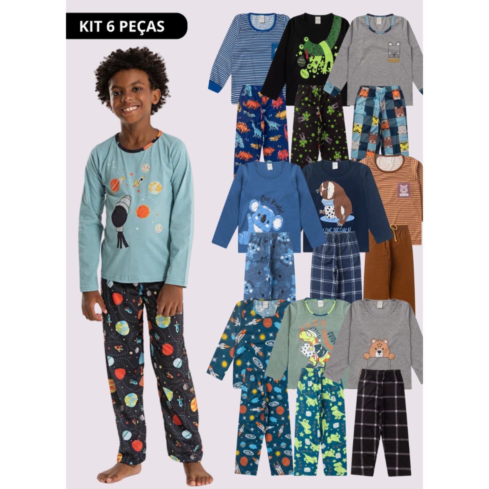 Kit Sortido Molekada 6 Peças de Pijamas Longo Infantis Menino Inverno Multicolorido- 3 Blusas + 3 Calças
