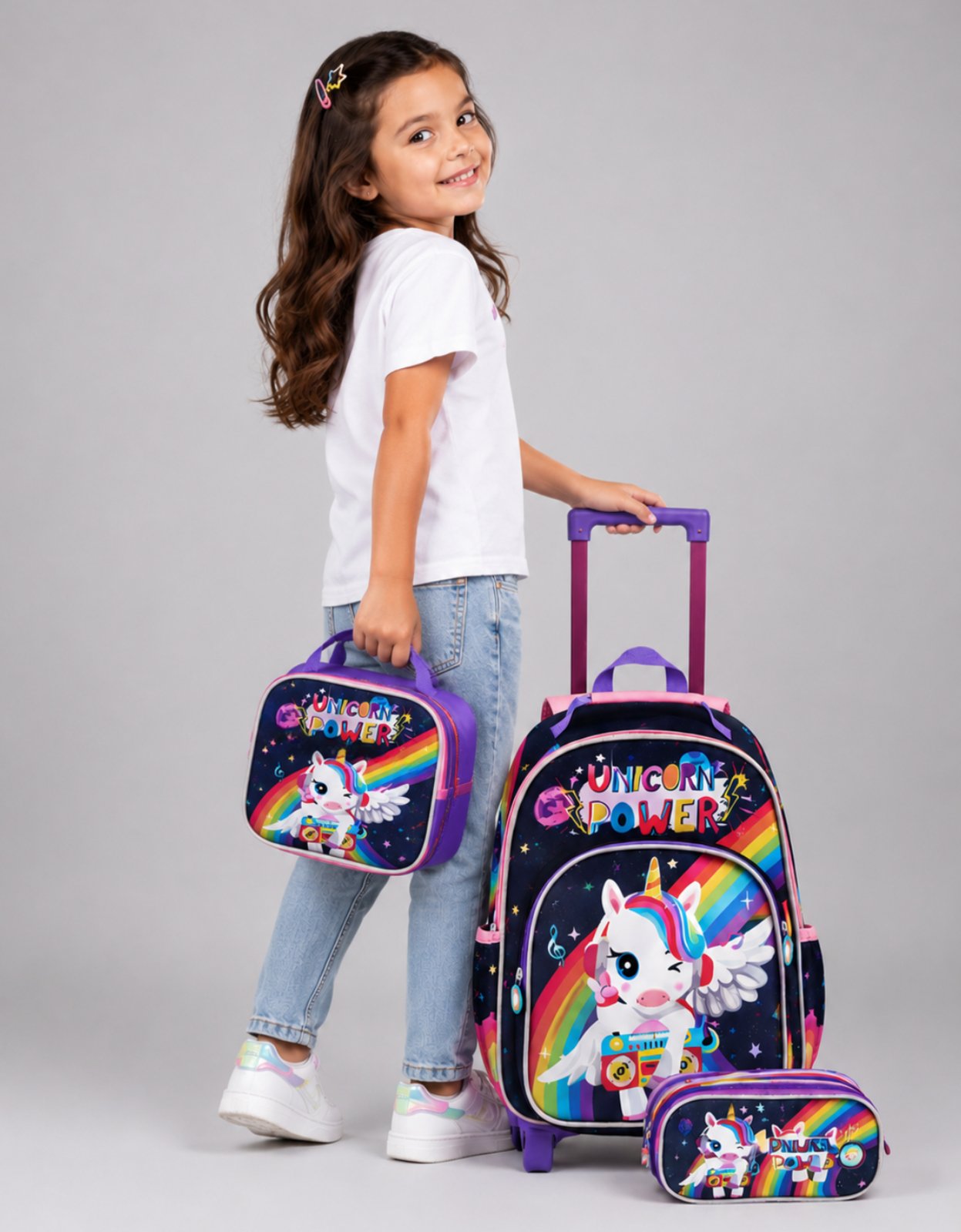 Infantil - Mochila Feminina Rodinha Unicornio Escolar Menina Lancheira Estojo Kit