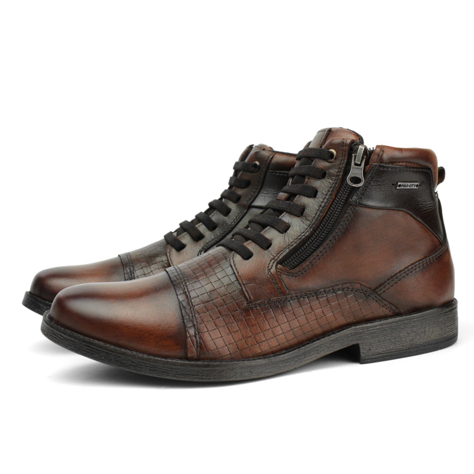 Bota Casual Coturno Masculino Couro Social Urbano Atacador Forrada Detalhada Zíper Whisky