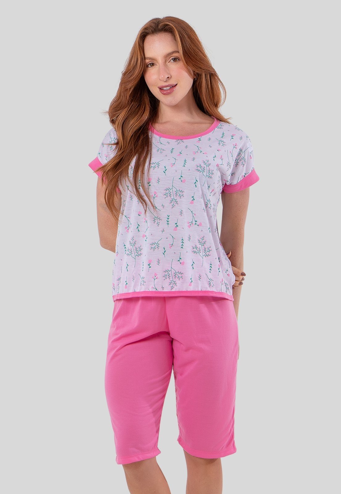 Pijama Feminino Rosa Meia-Estação com Estampa Fofa e Confortável