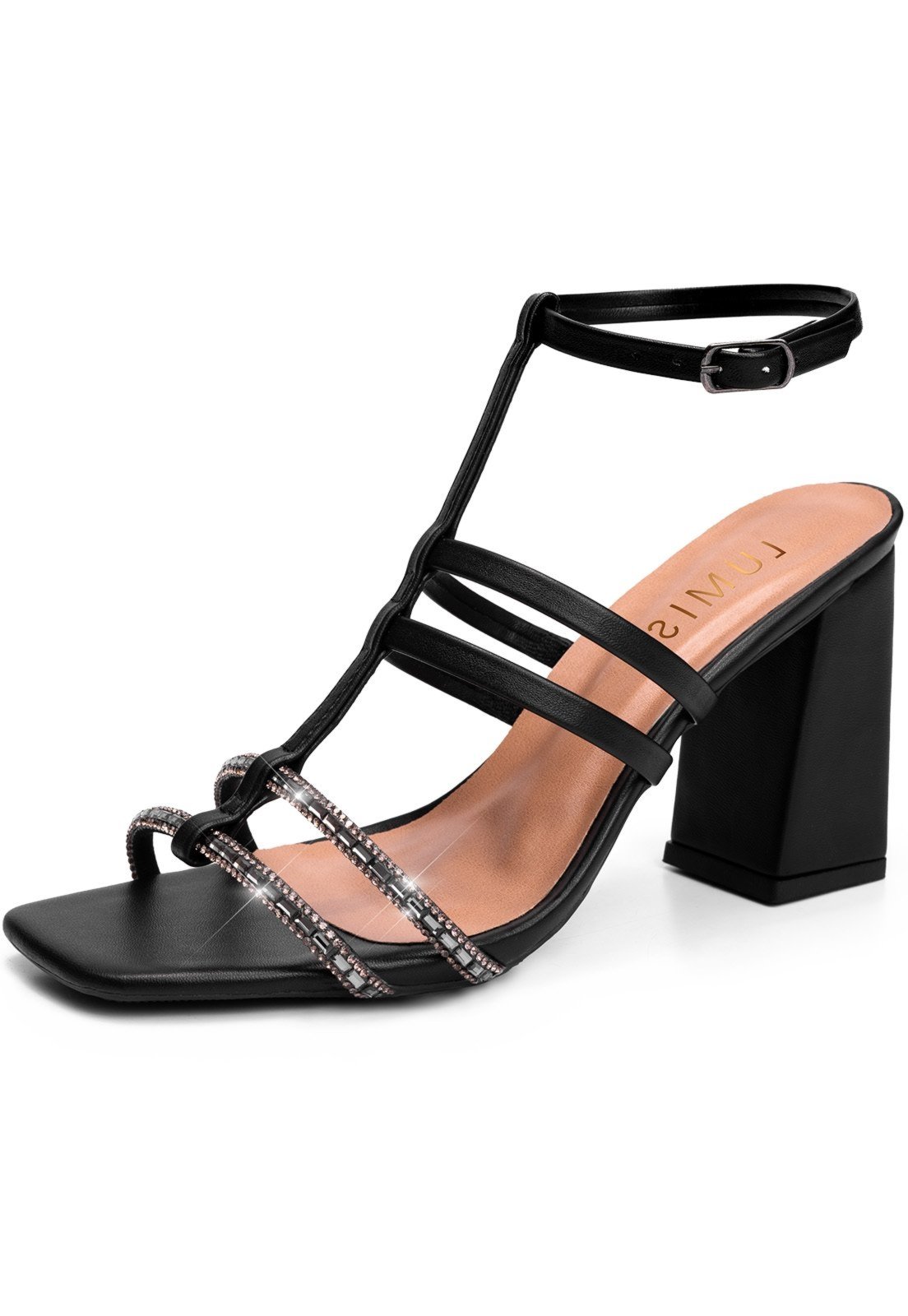 Sandália Feminina Lumiss Salto Alto Bloco Blogueira Brilho Strass Preto