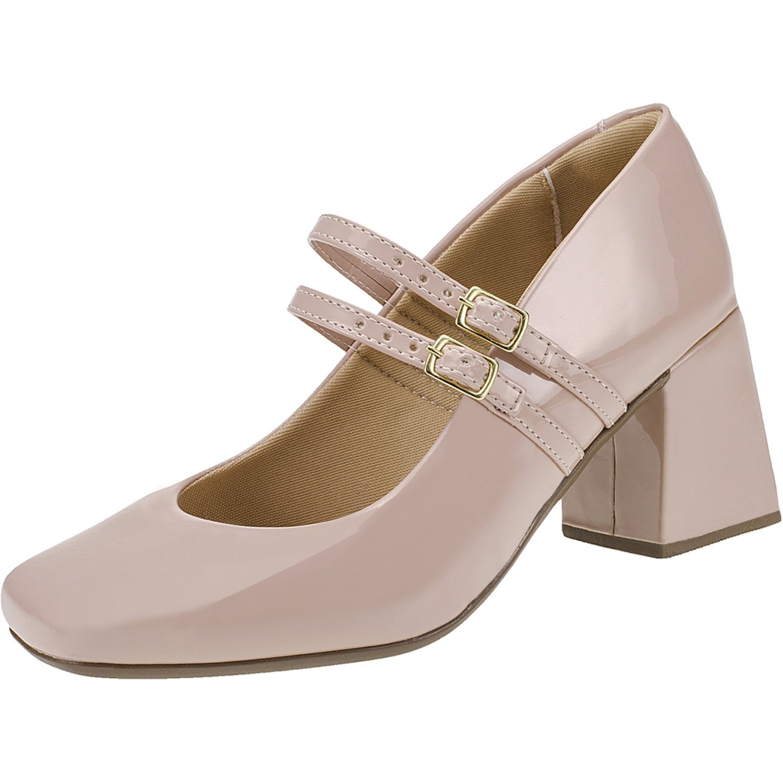 Sapato Scarpin Feminino Salto Bloco Mary Jane Shekinah Boneca Tira 2 Fivela Verniz Casamento Noiva Nude