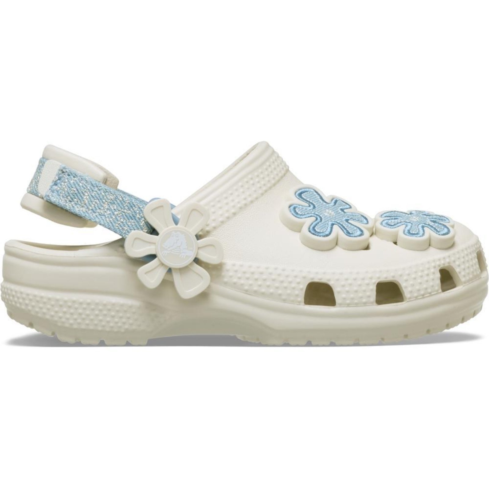 Infantil - Sandália Crocs Classic Denim Flower Adjustable Backstrap Clog T Summit White Branco