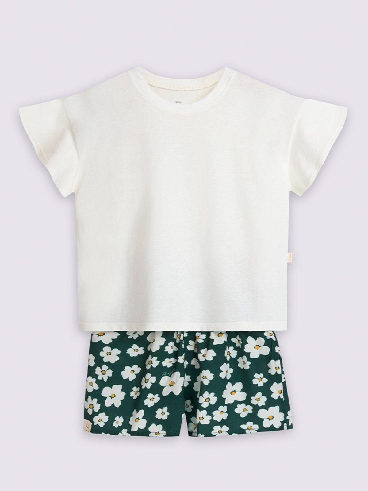 Vista 2 Infantil - Conjunto Menina Bugbee Blusa Lisa Manga Curta Gola Redonda Meia Malha Shorts Estampado Viscose Off White New Off branco/off-white/verde white Bugbee branco/off-white/verde white