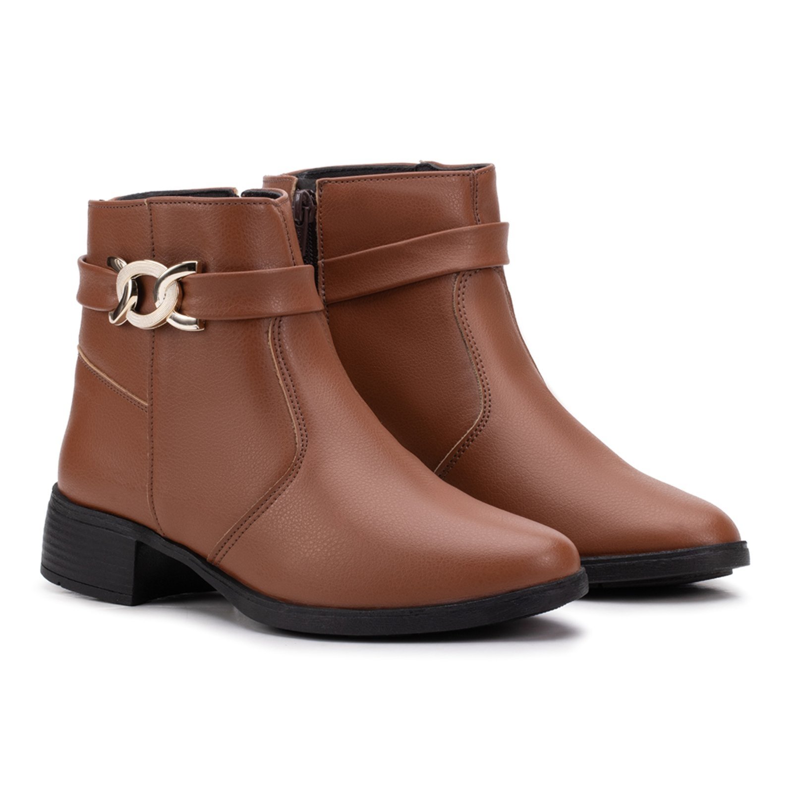 Bota Feminina Salto Confortável Cano Curto Caramelo Estilo Shoes