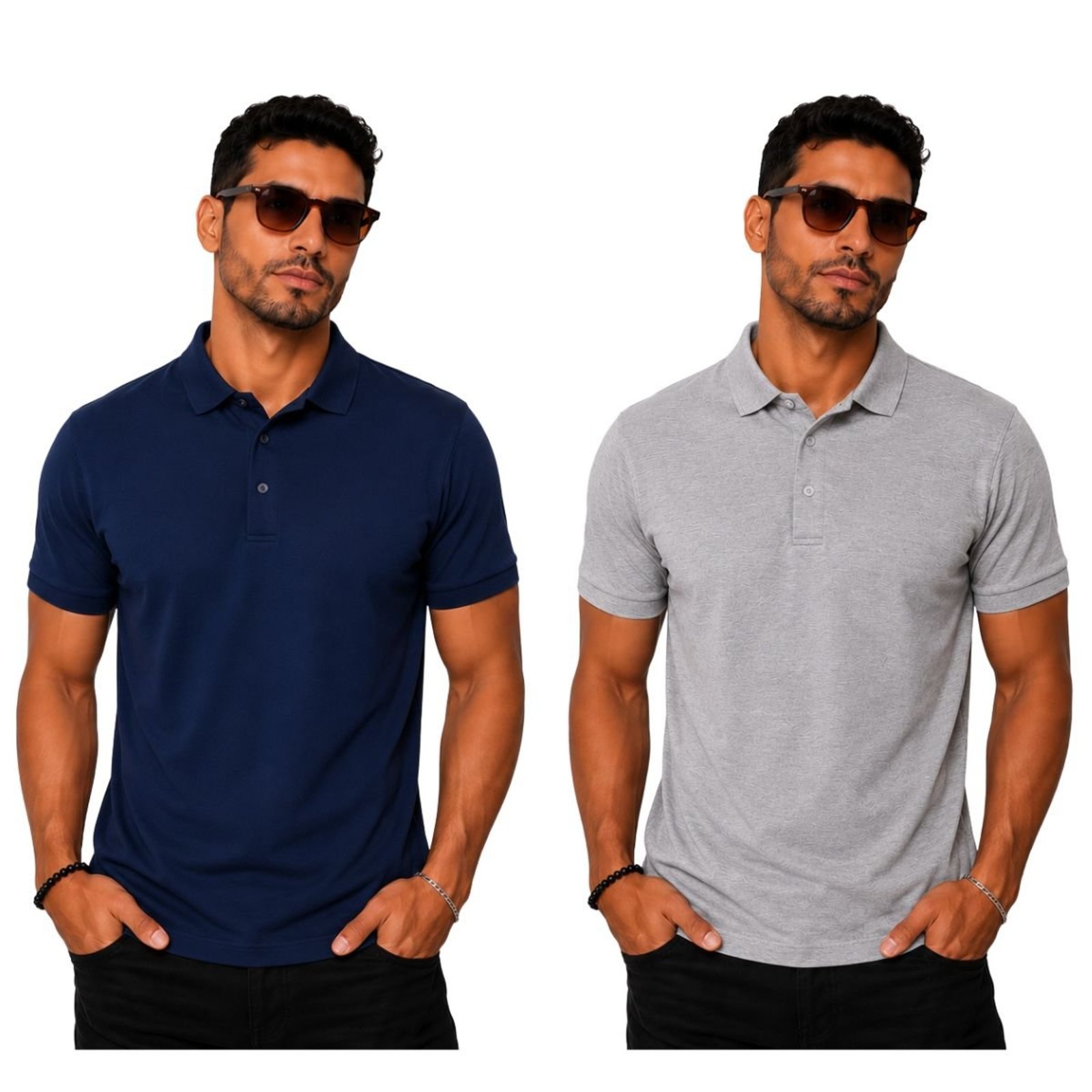 Kit 2 Camisas Polo Masculina Poliamida Premium Marinho e Cinza