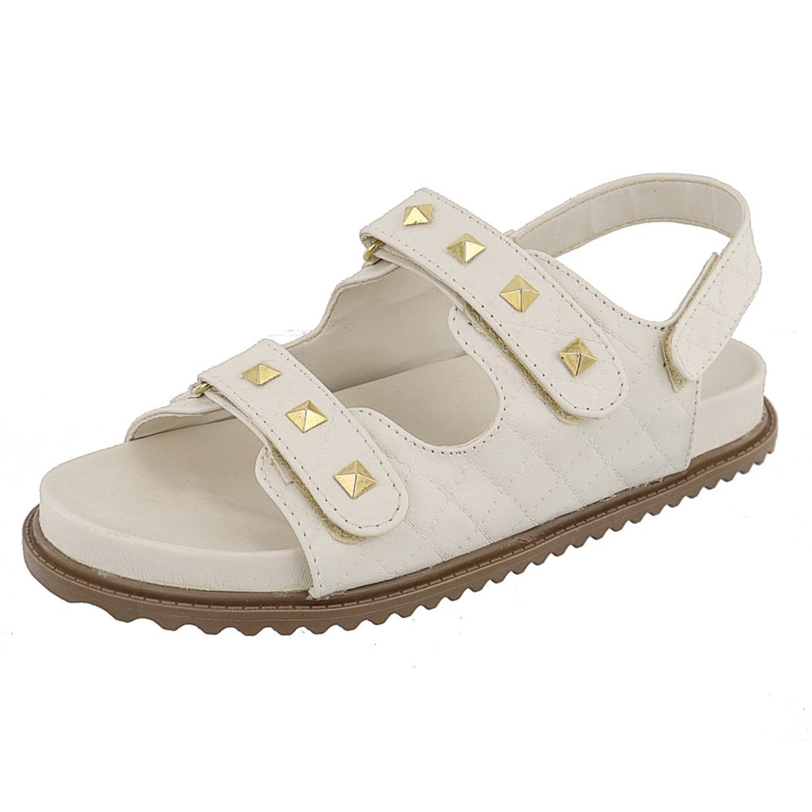 Sandália Papete Feminina Paula B Com Spikes Dourado Em Matelassê Palmilha Confort Off White