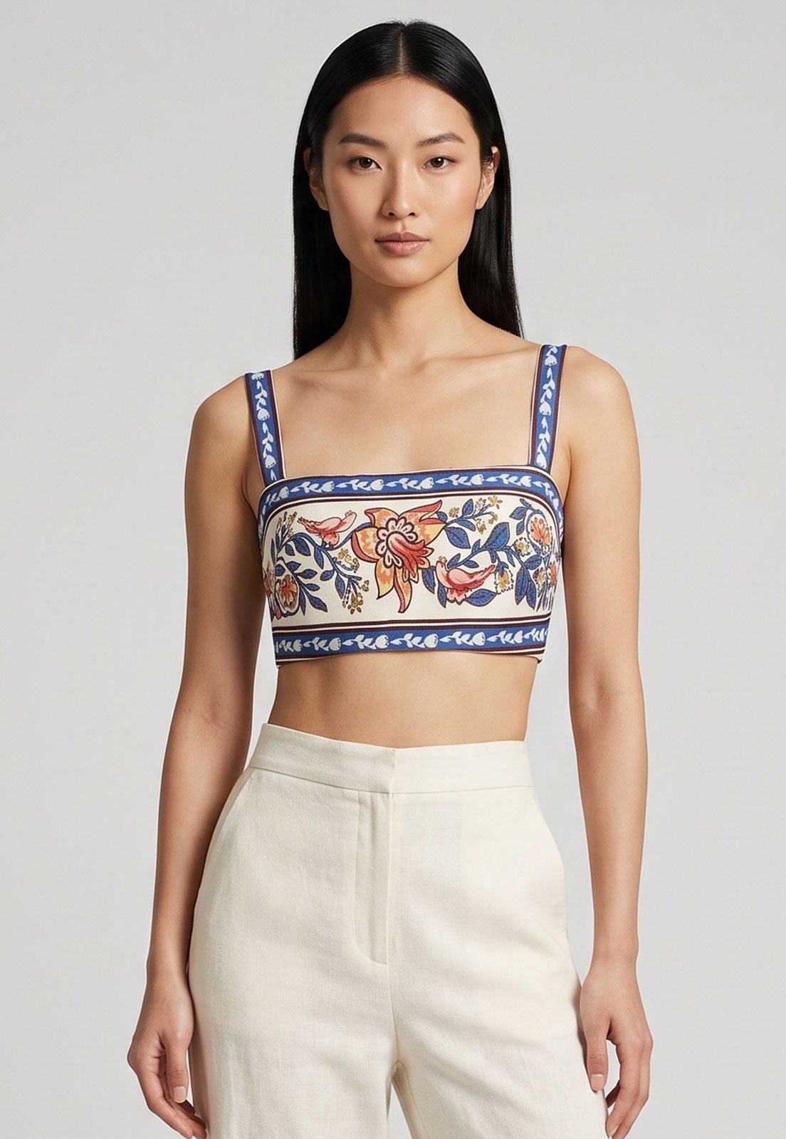 Top Cropped FARM Estampa Floral Azul