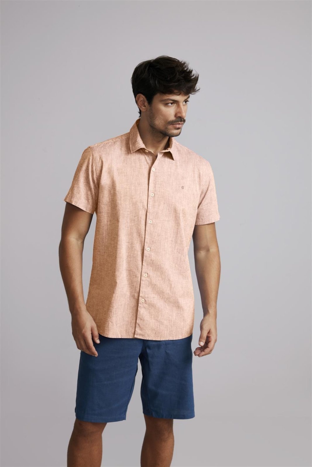 HIGHSTIL Camisa Manga Curta Lisa Linen Blend Slim Fit - Laranja