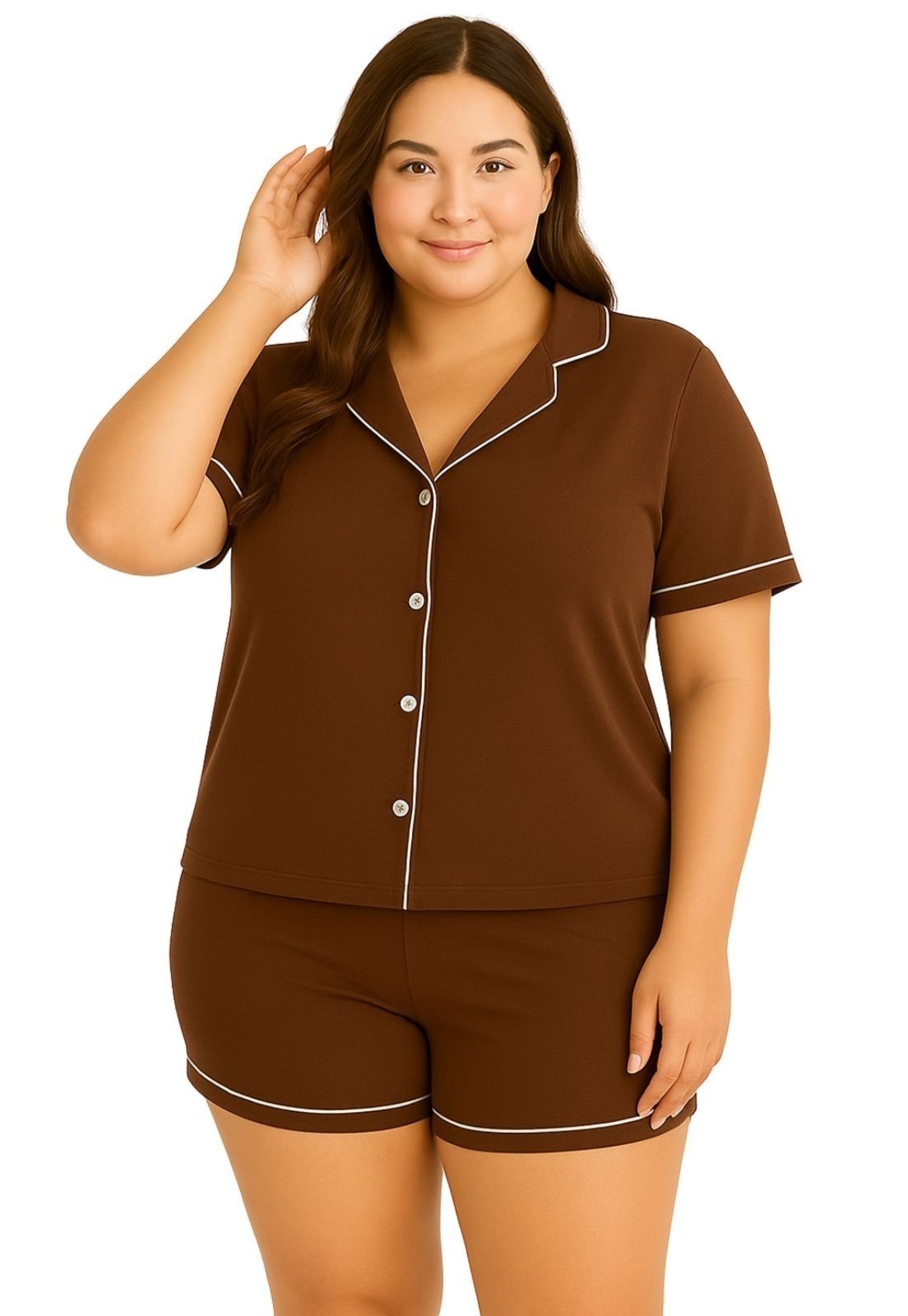 Pijama Americano Plus Size Blusa com Botões que Abrem e Short 50 52 54 56 Marrom
