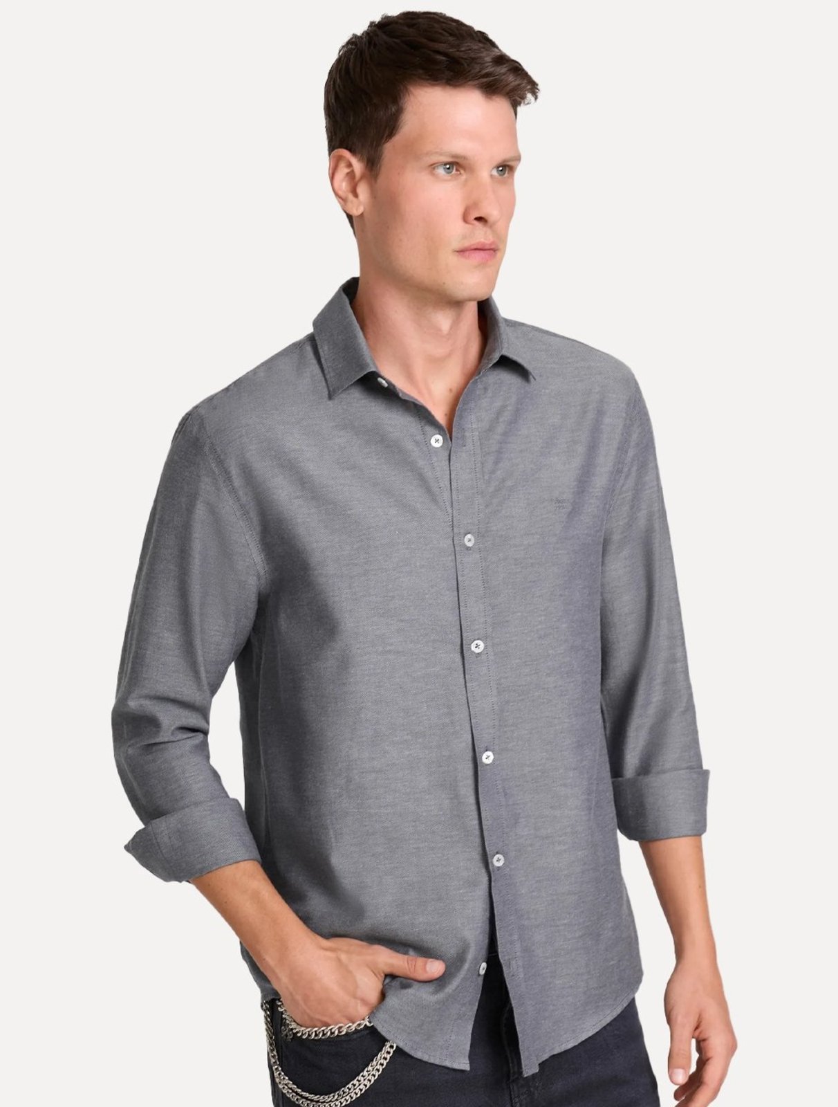 Camisa John John Masculina Regular Oxford Mono Logo Cinza Médio