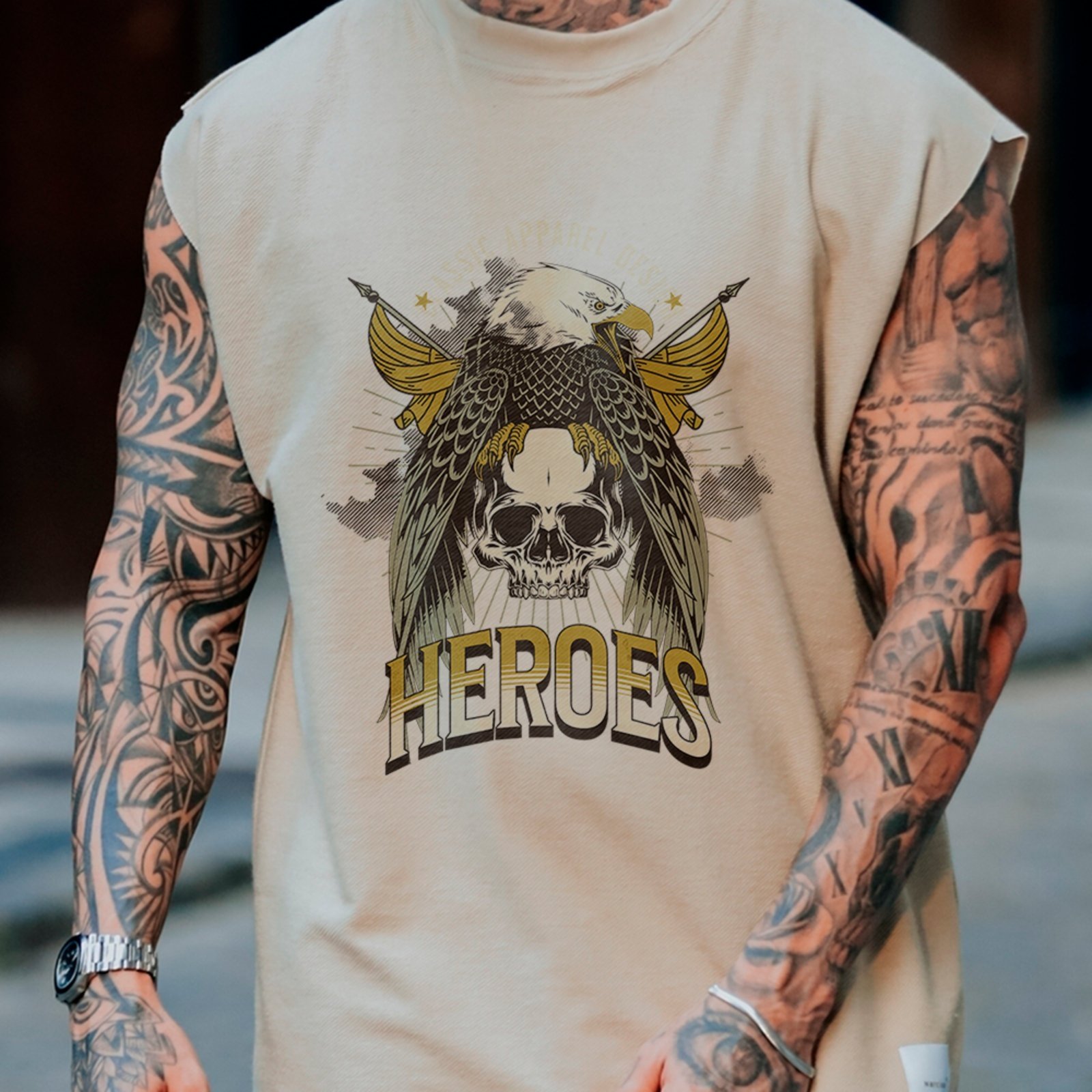 Camiseta Regata Machão Águia Caveira Heroes Premium Off White